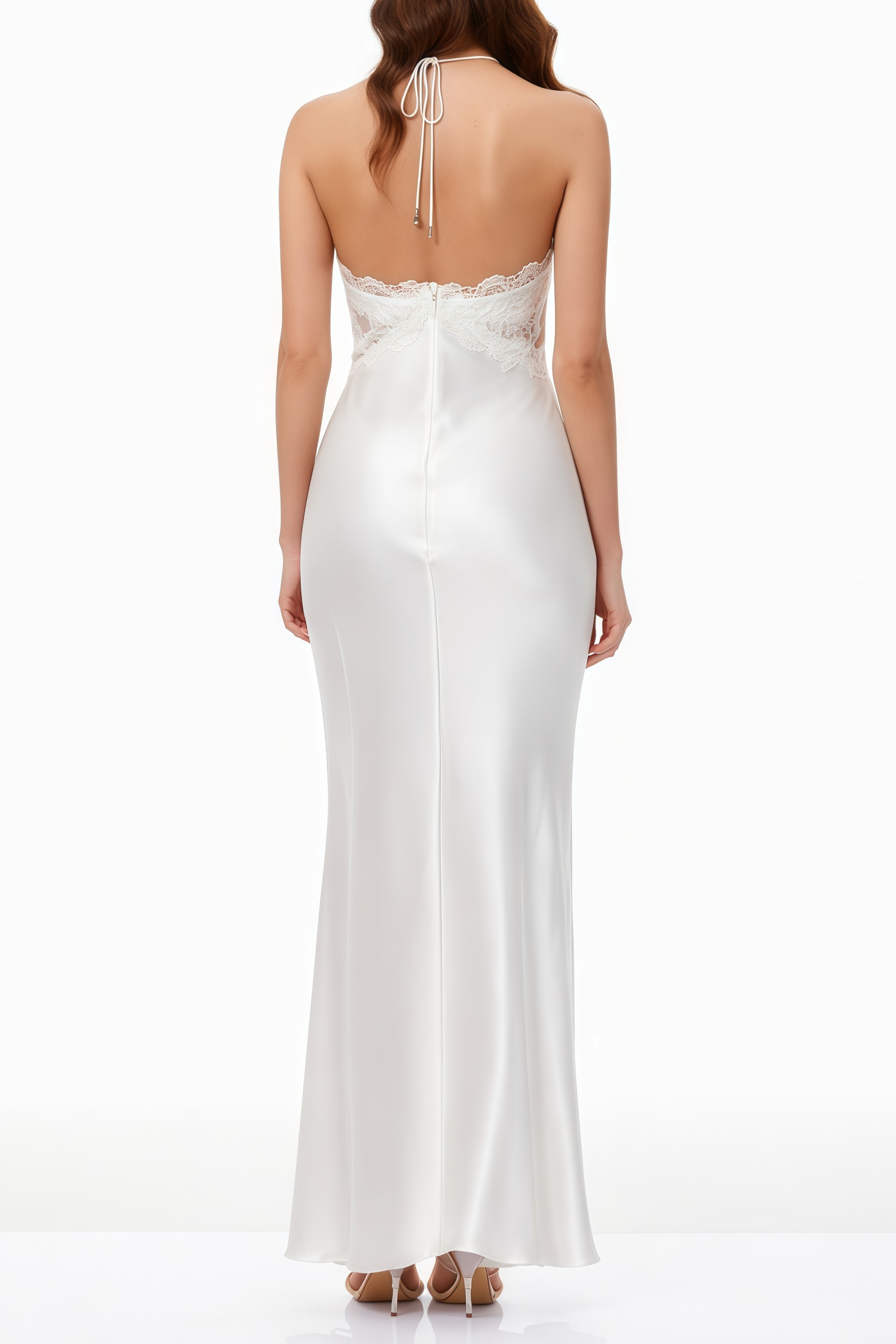 Selene White Lace Panel Satin Maxi Dress