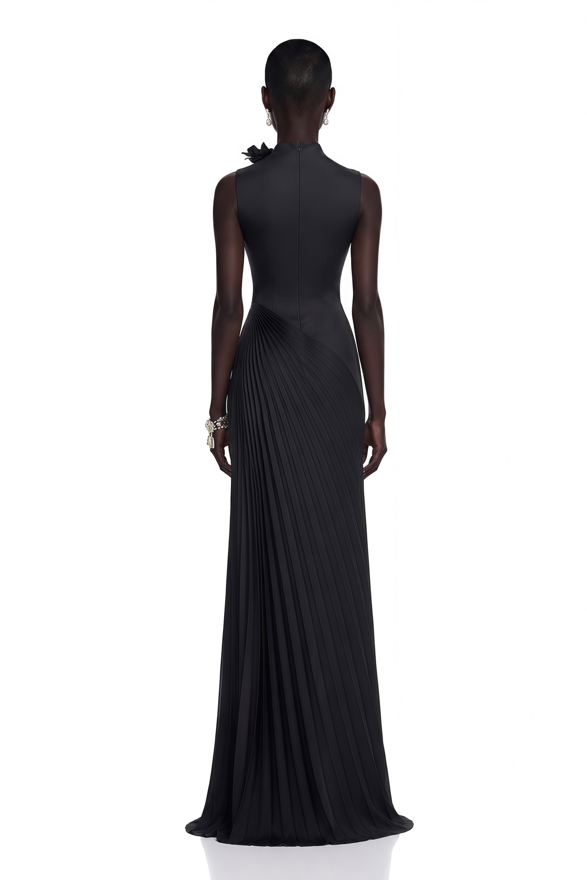 Vivienne Black Sleeveless Pleated Maxi Dress with Floral Applique