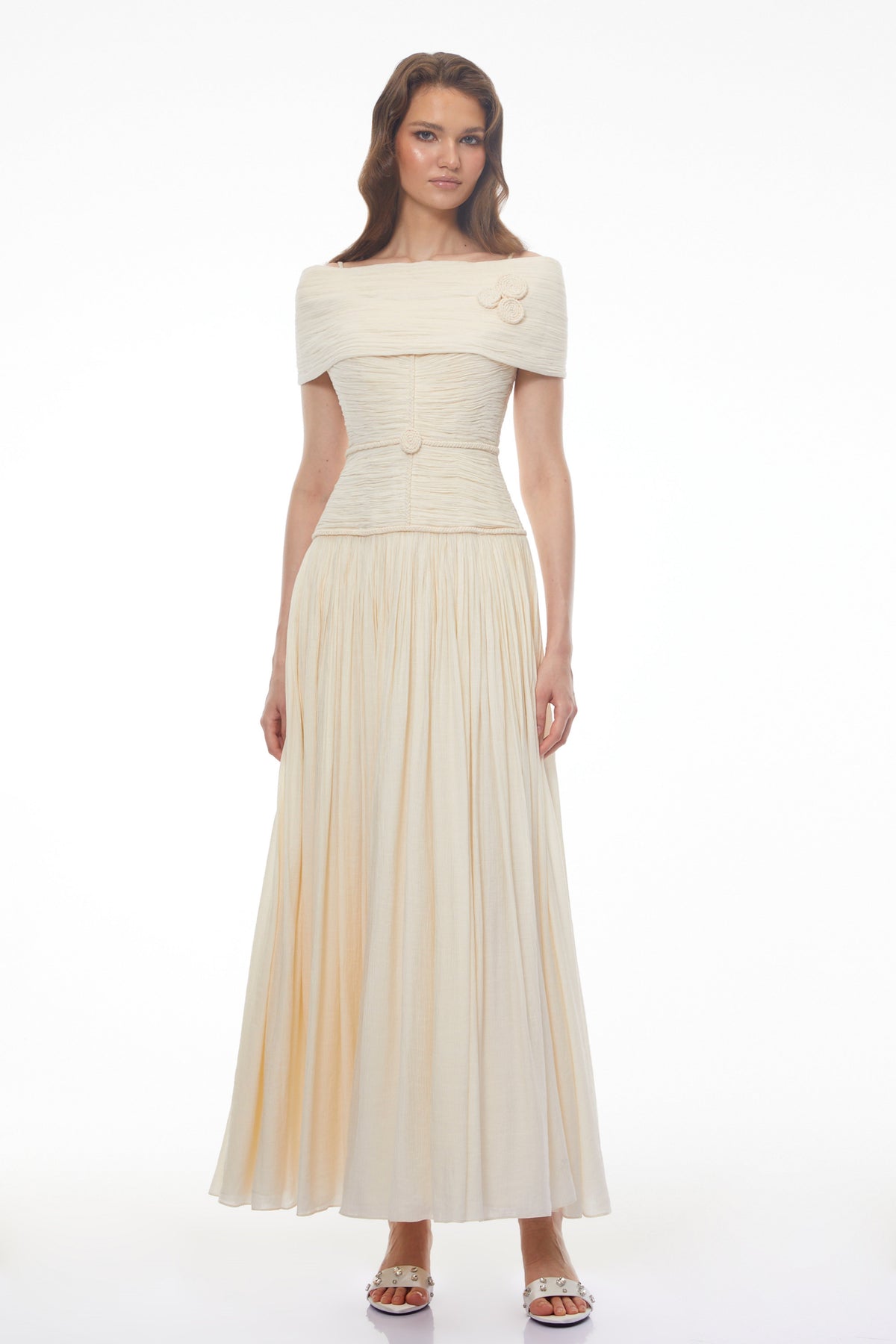 Seraphina Neutral Textured Maxi Dress with 3D Floral