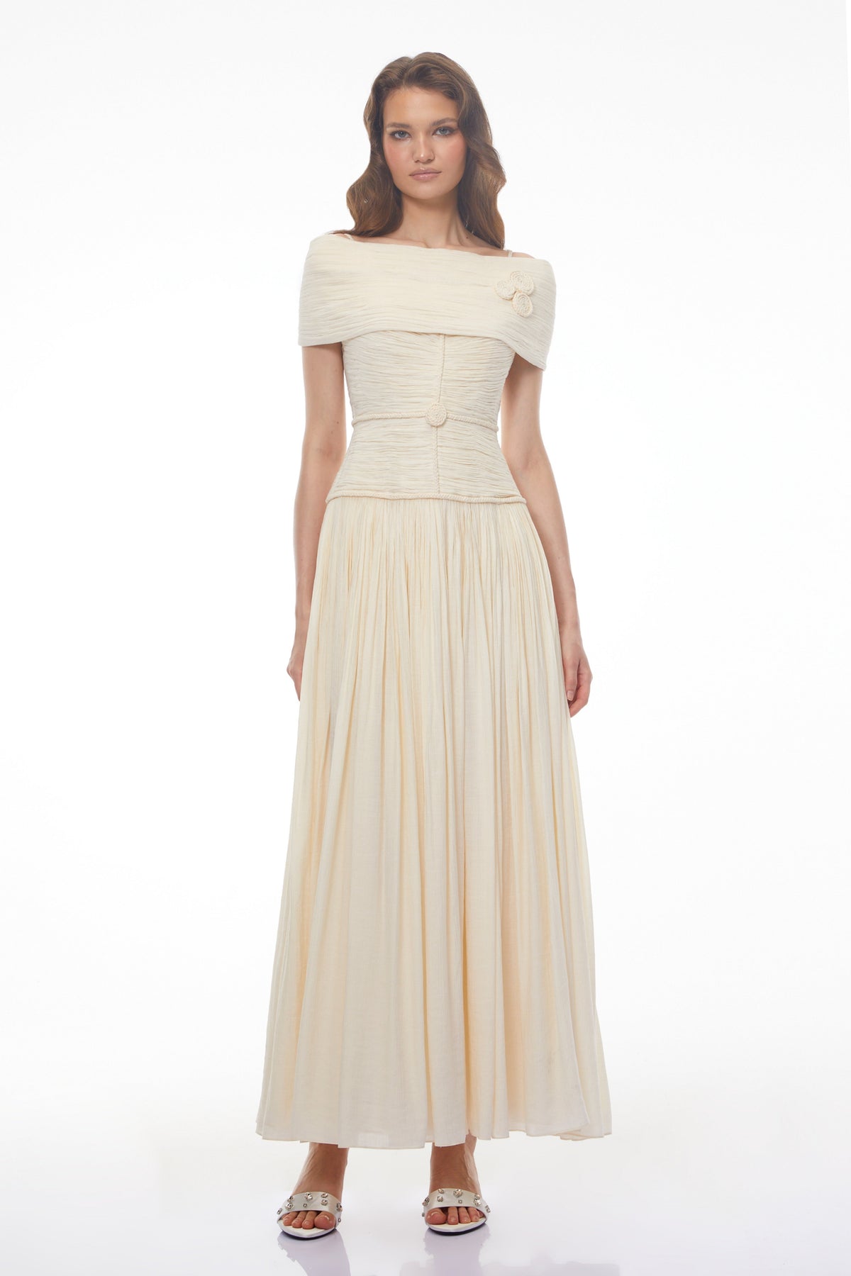 Seraphina Neutral Textured Maxi Dress with 3D Floral