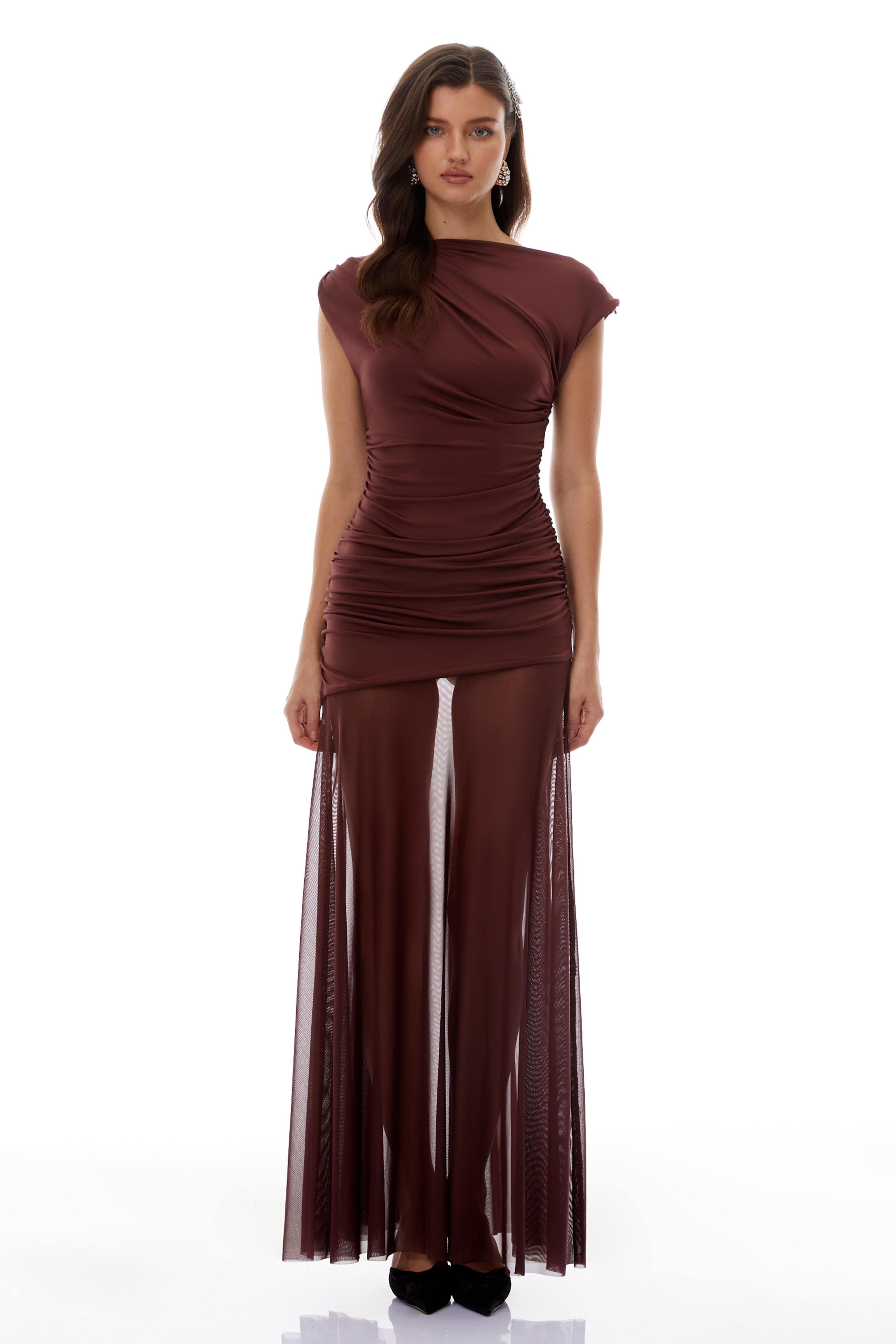 Seren Brown Ruched Tulle Panel Maxi Dress (Final Sale)