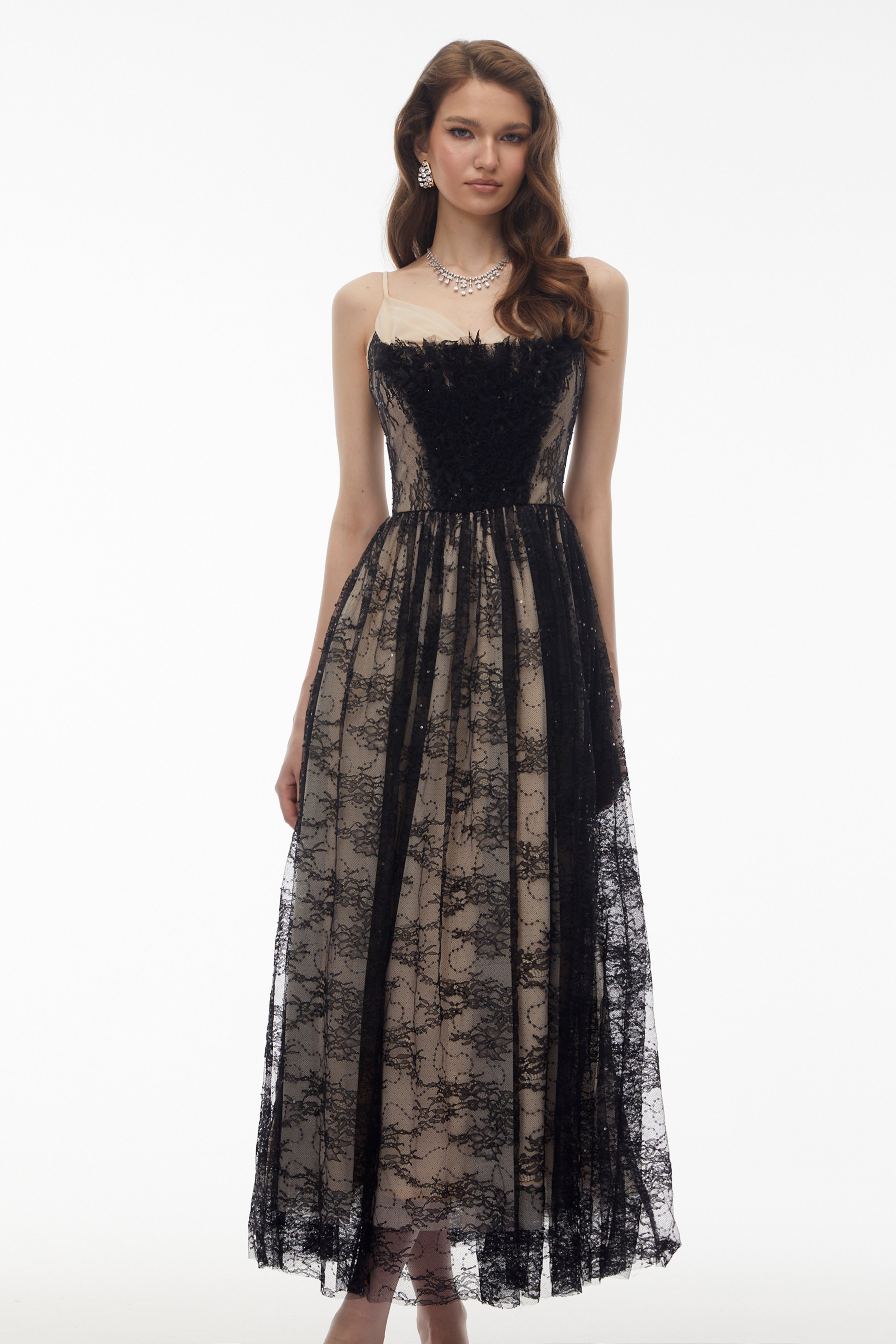 Severine Black Floral Lace Tulle Maxi Dress