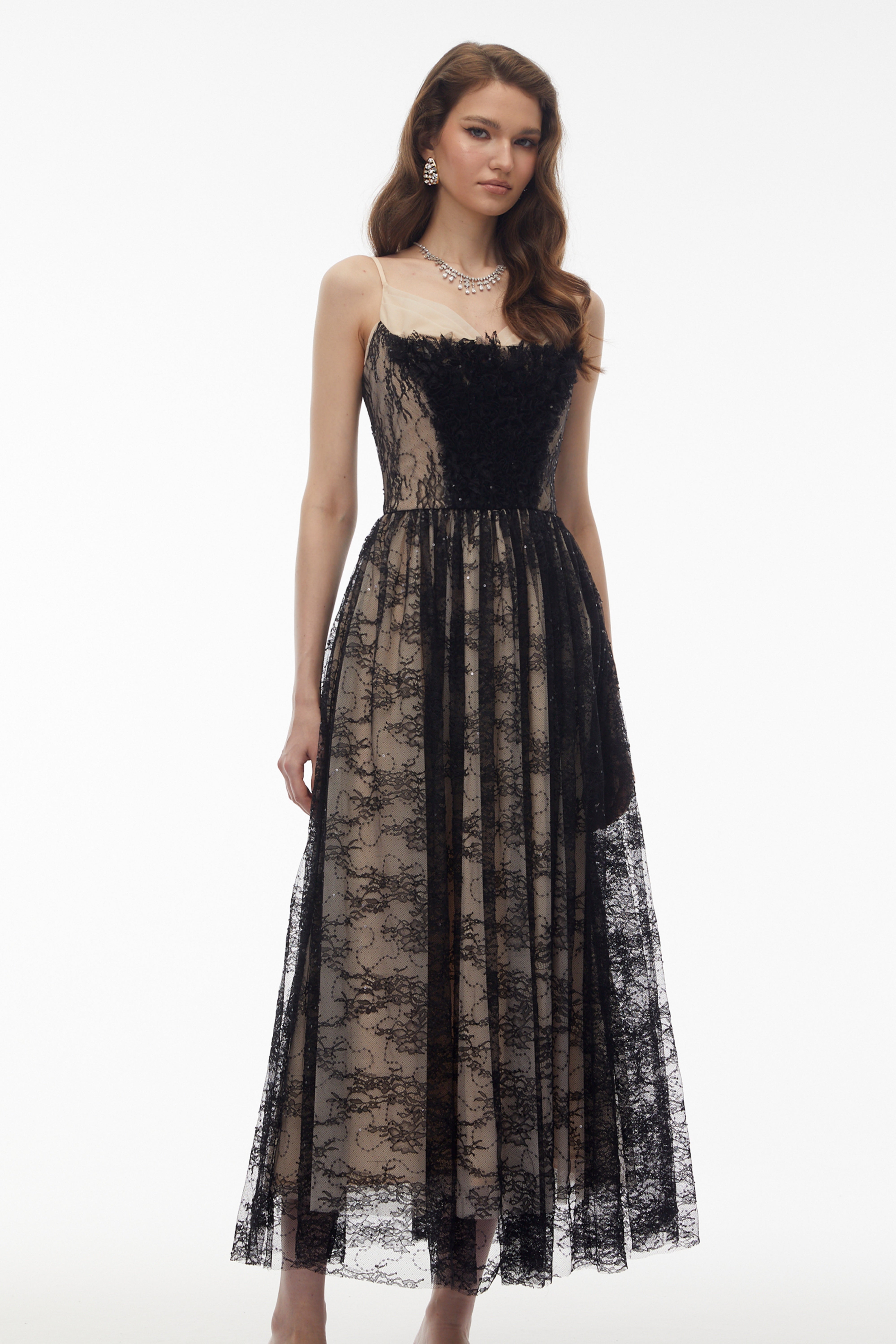 Severine Black Floral Lace Tulle Maxi Dress