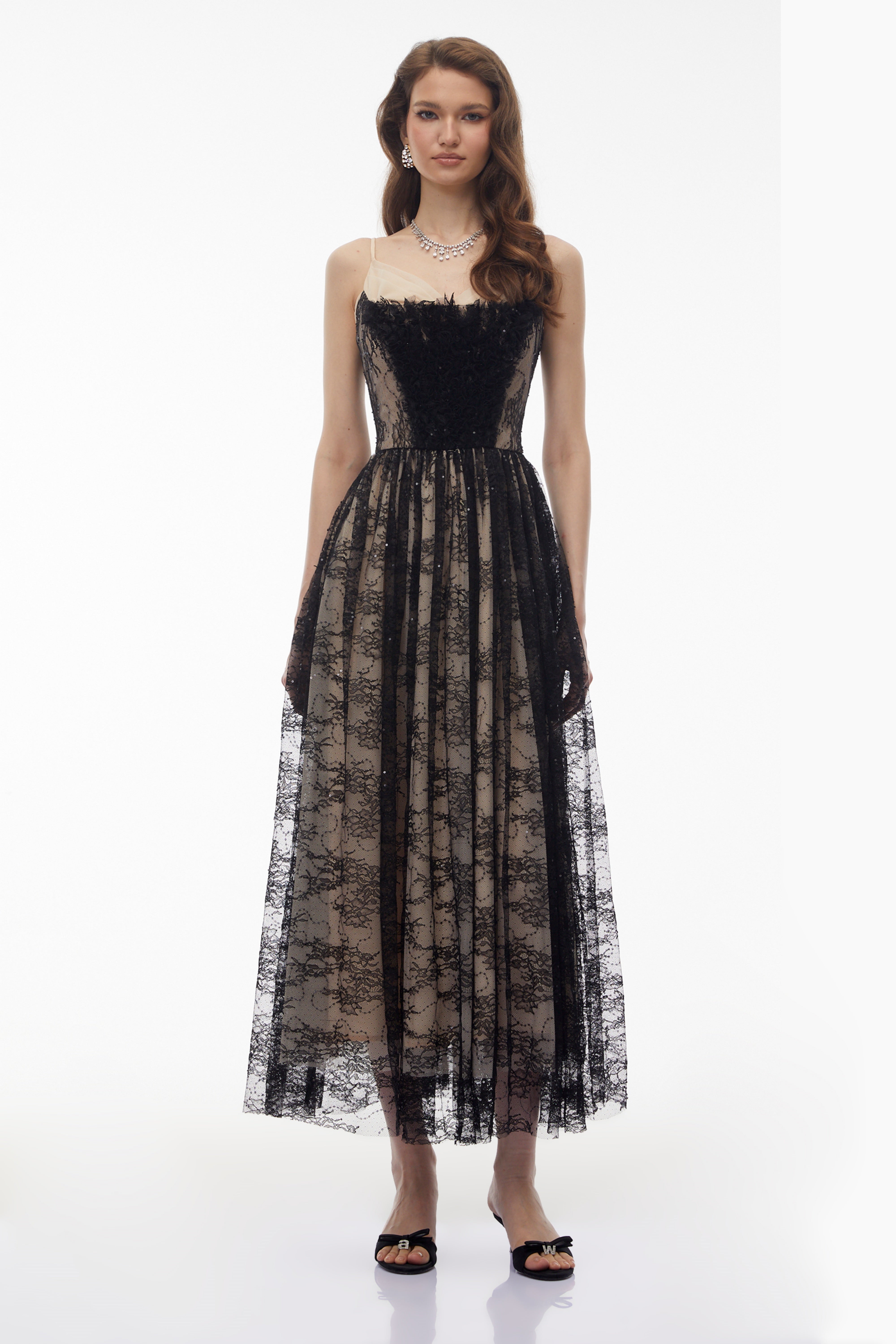 Severine Black Floral Lace Tulle Maxi Dress