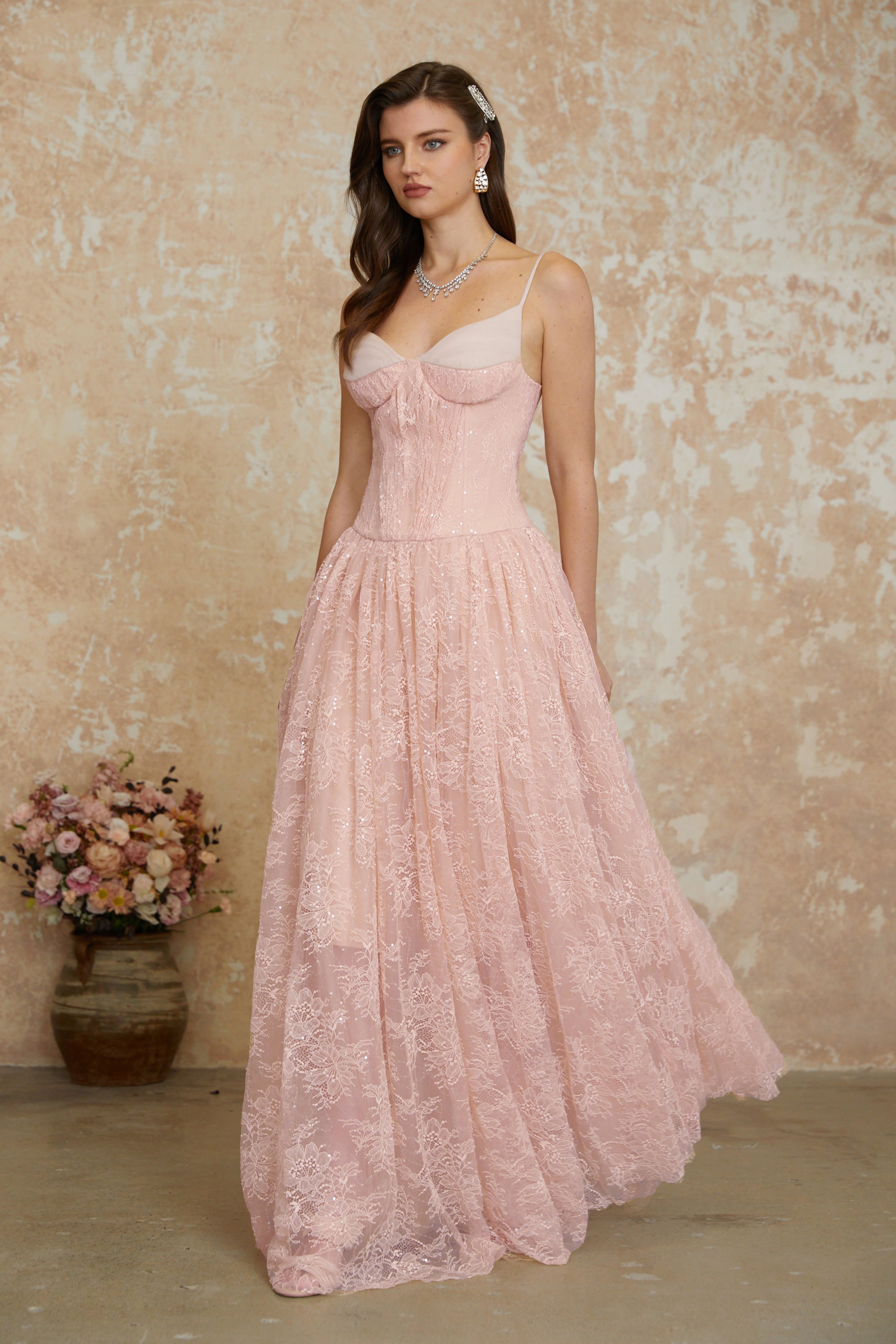 Severine Pink Floral Lace Tulle Maxi Dress