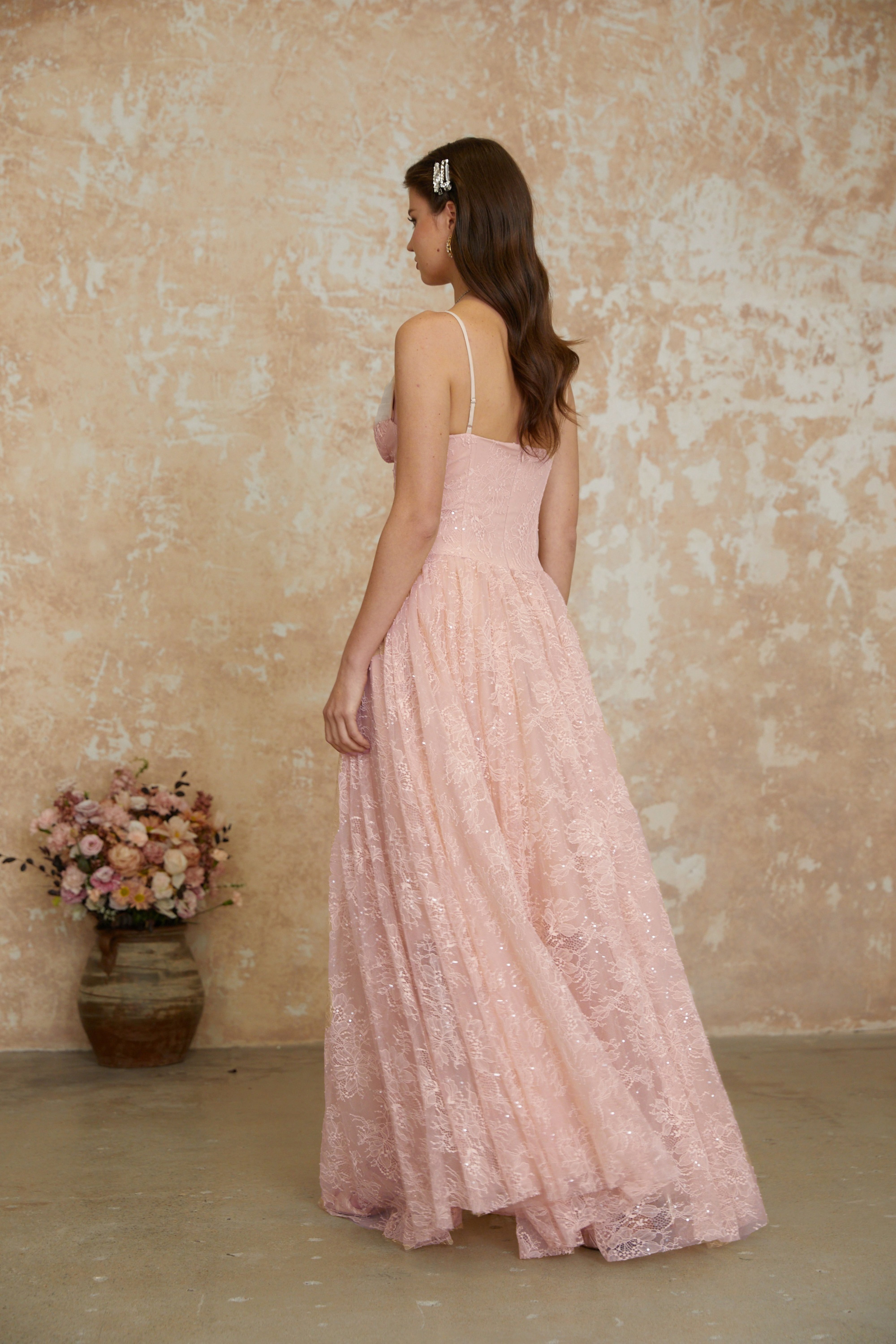 Severine Pink Floral Lace Tulle Maxi Dress