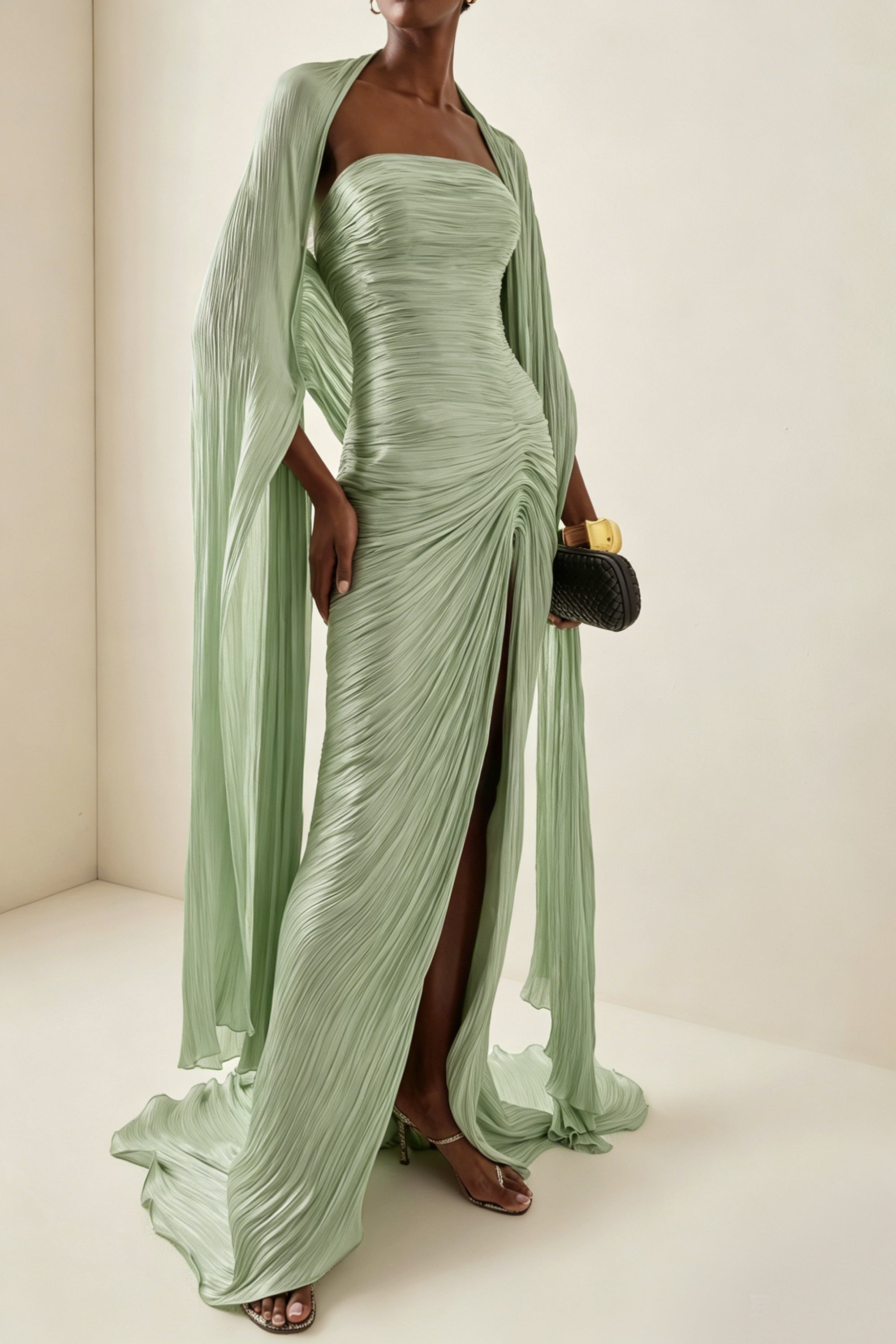 Shifra Green Asymmetrical Cape Maxi Dress