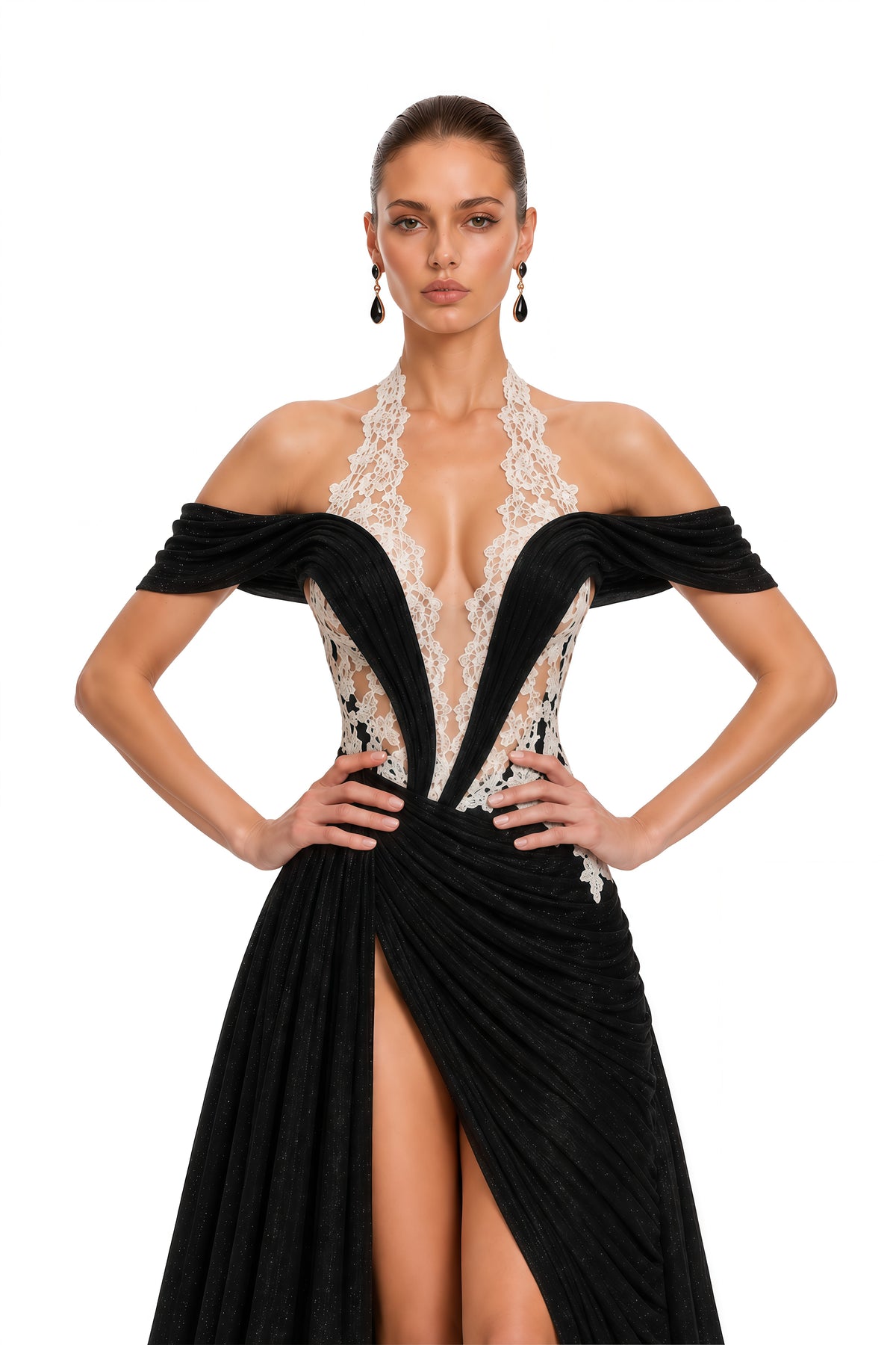 shiloh black lace plunging off-shoulder maxi dress