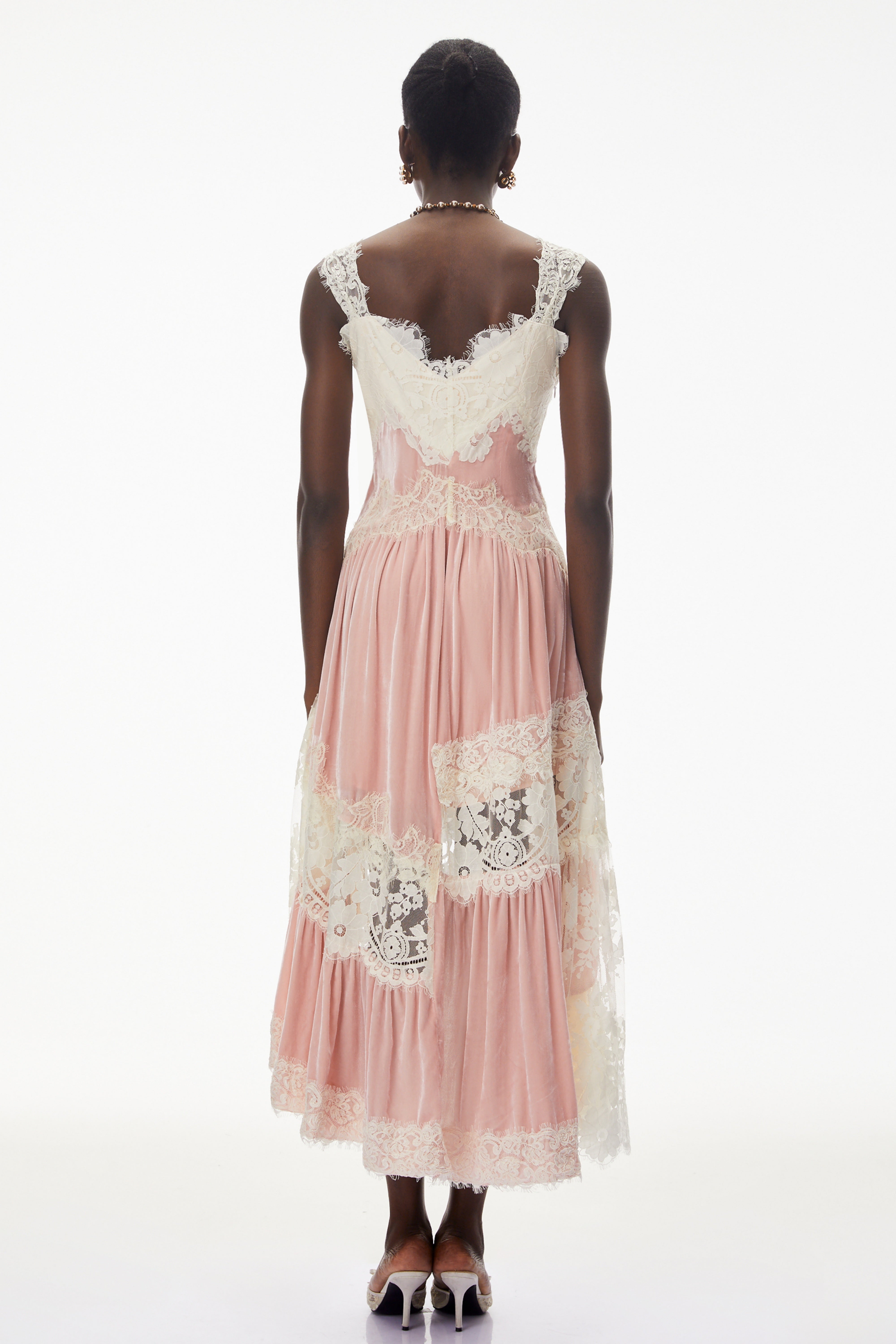 Shira Pink Color Block Maxi Dress with Lace Panels