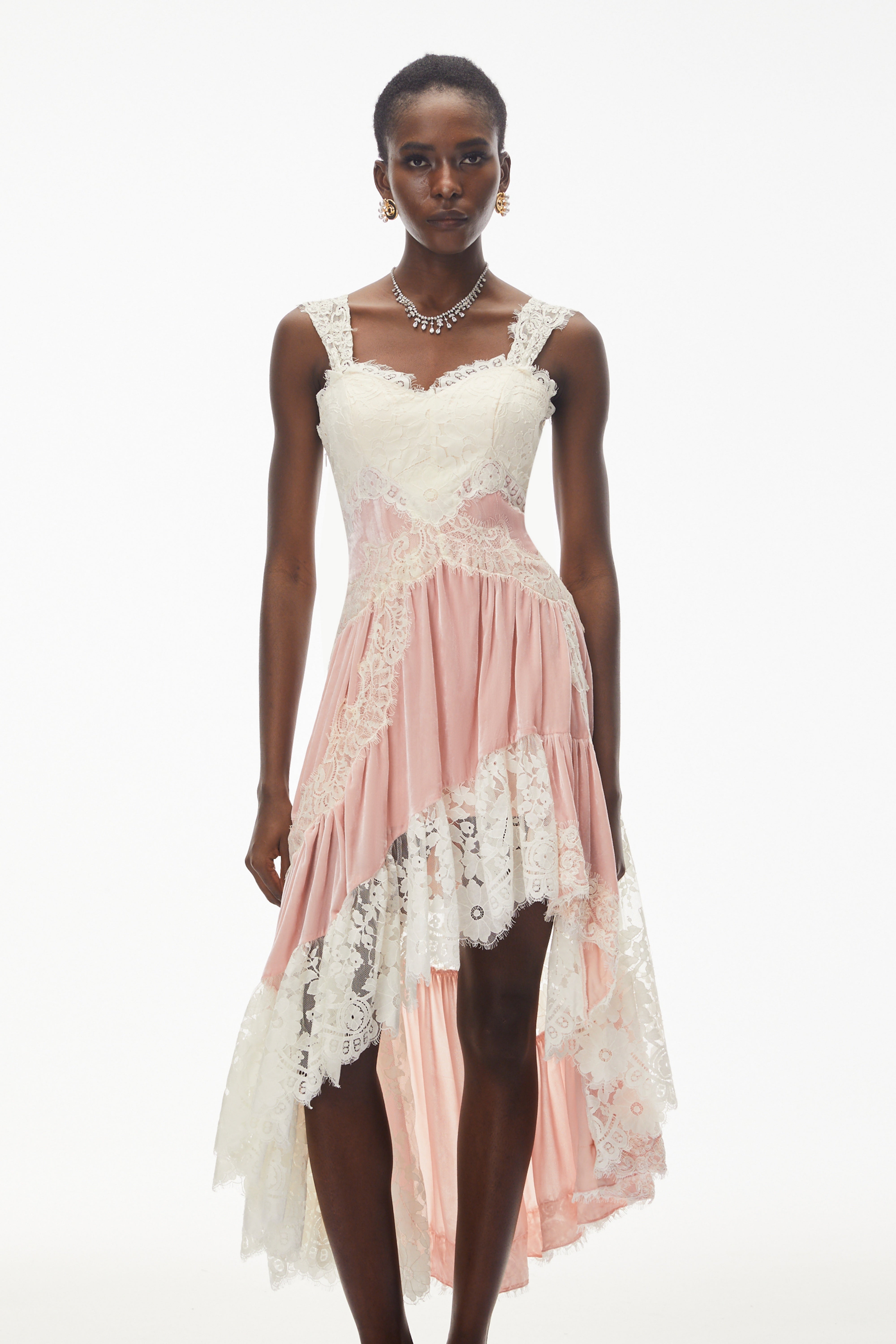 Shira Pink Color Block Maxi Dress with Lace Panels