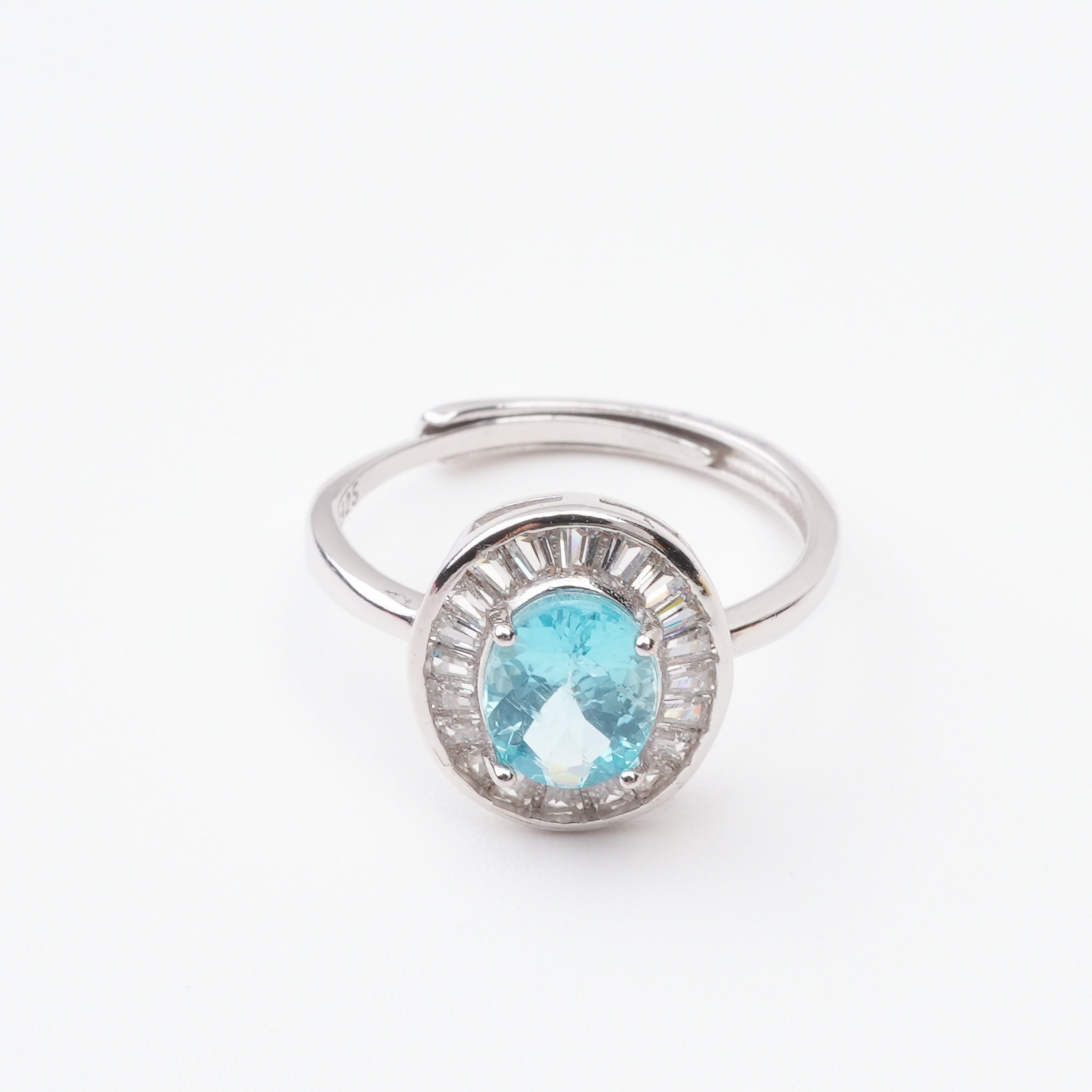 Sierra Blue Oval Cut Ballerina Halo Sterling Silver Ring