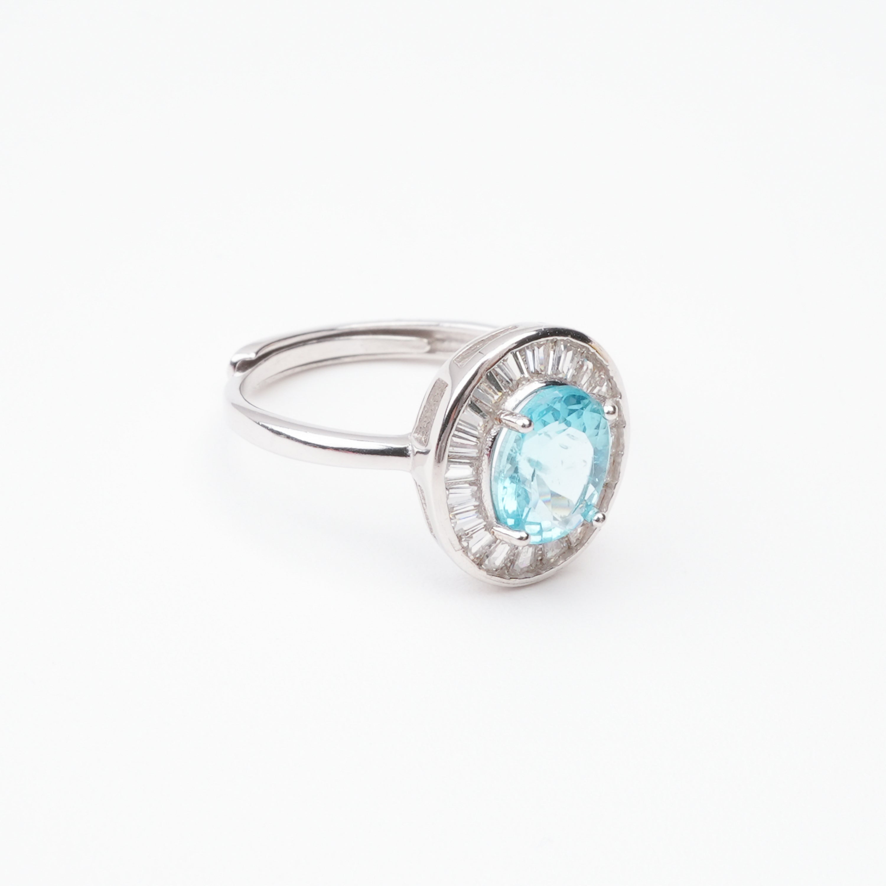 Sierra Blue Oval Cut Ballerina Halo Sterling Silver Ring