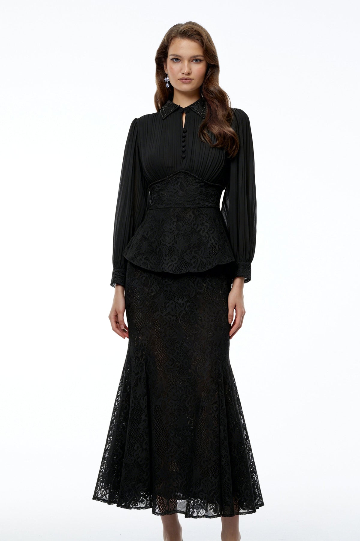 Sigrid Black Lace Panel Blouse & Skirt Set