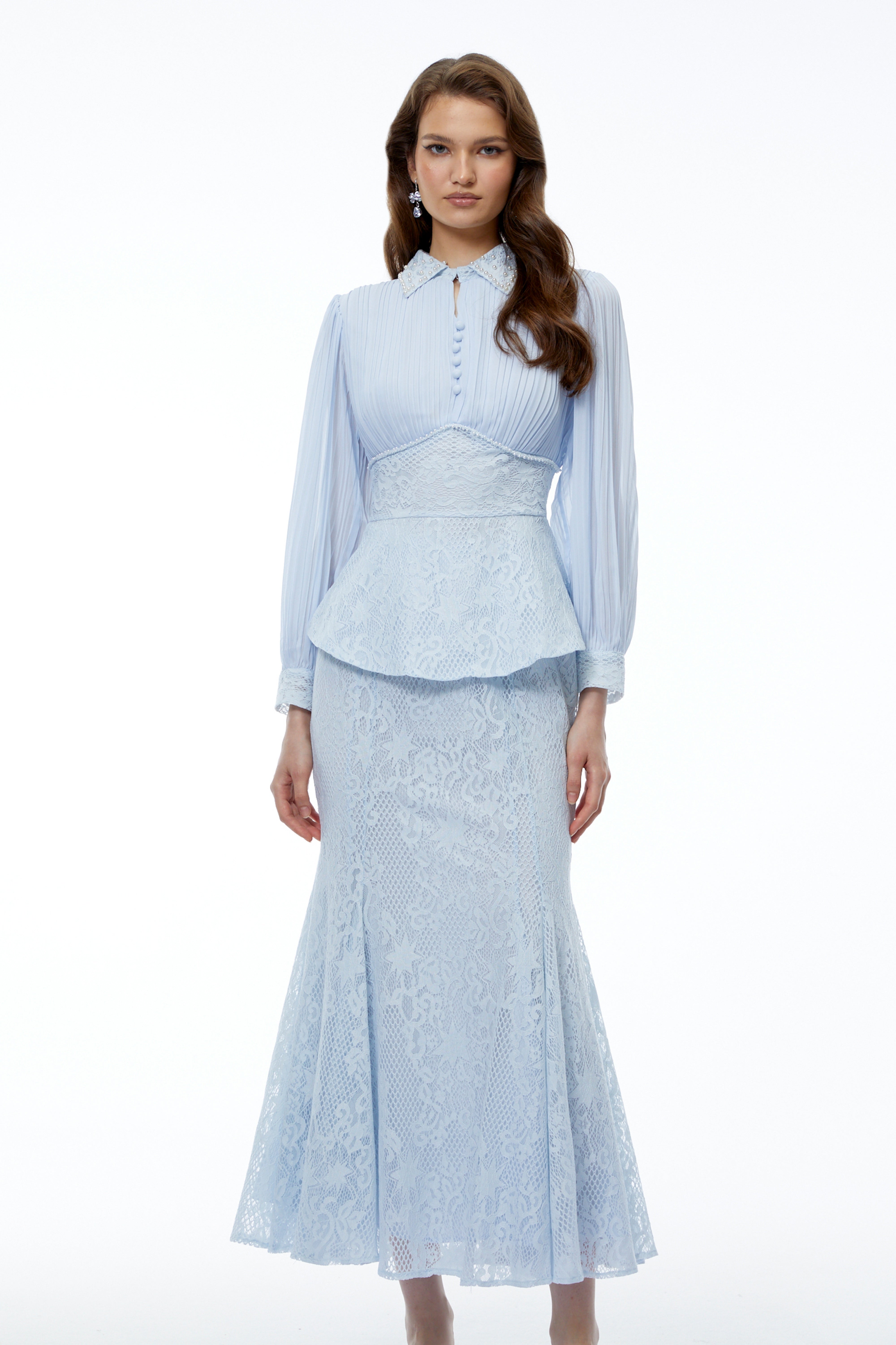 Sigrid Blue Lace Panel Blouse & Skirt Set