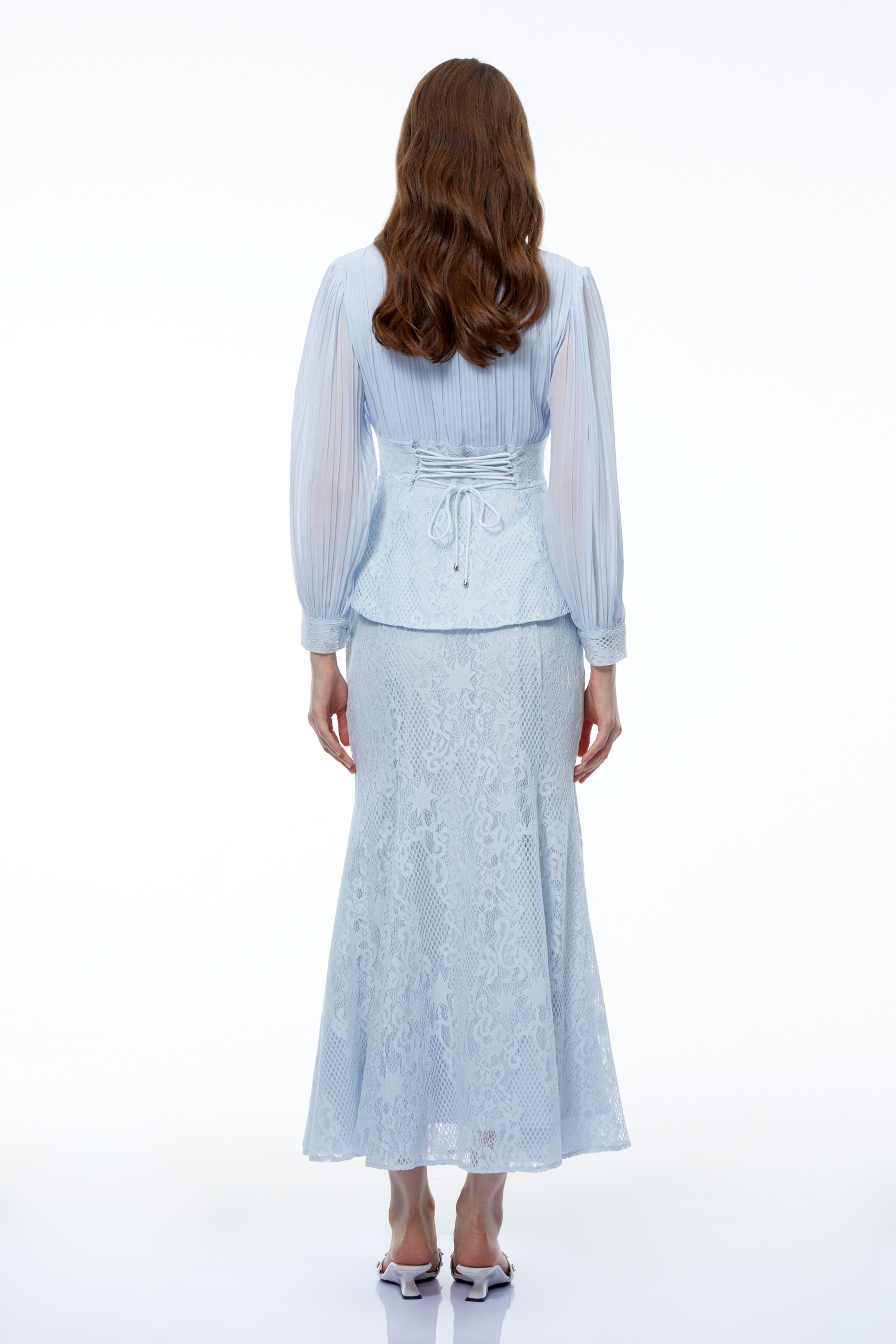 Sigrid Blue Lace Panel Blouse & Skirt Set