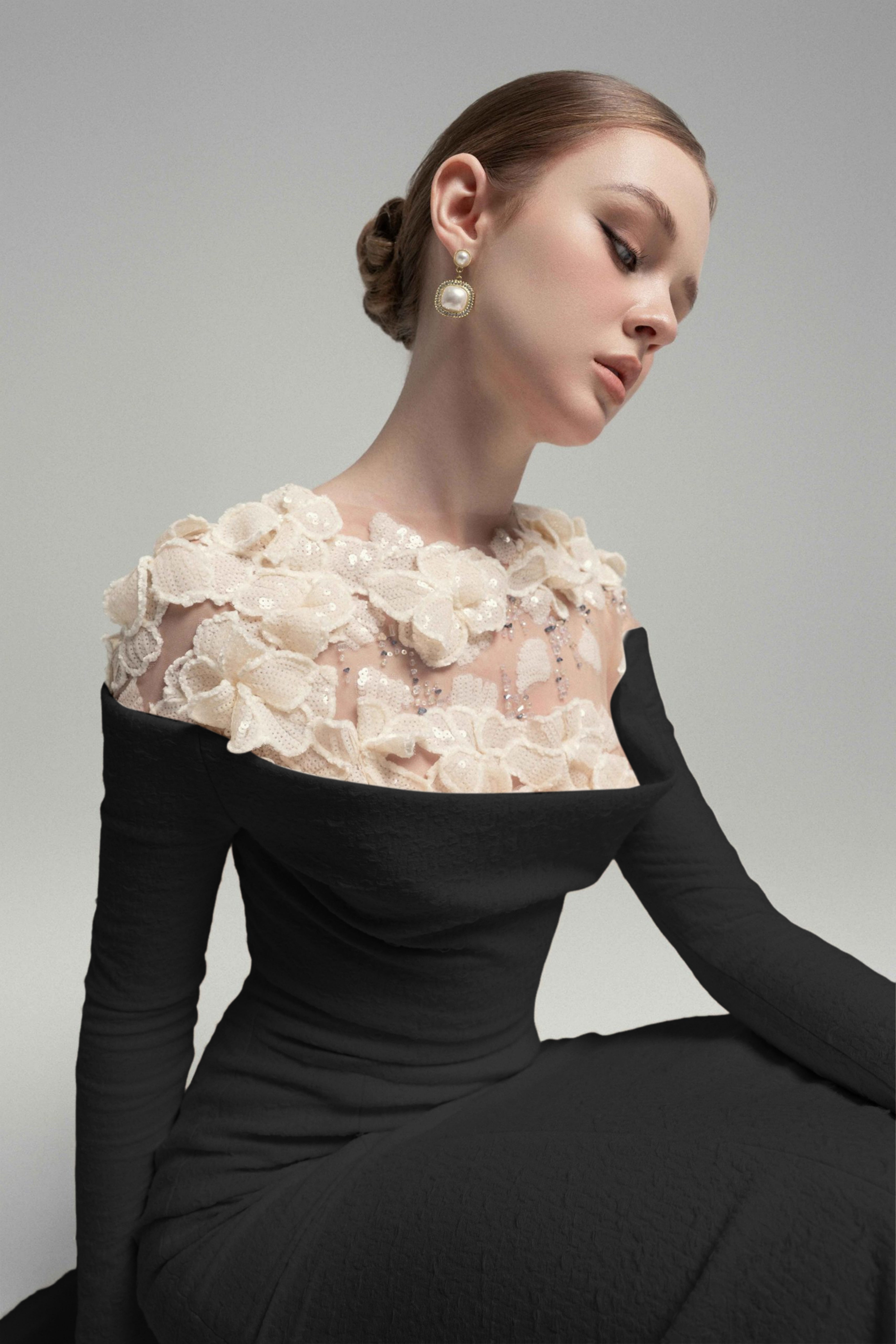 Silvia Black Floral Appliqué Off-Shoulder Gown