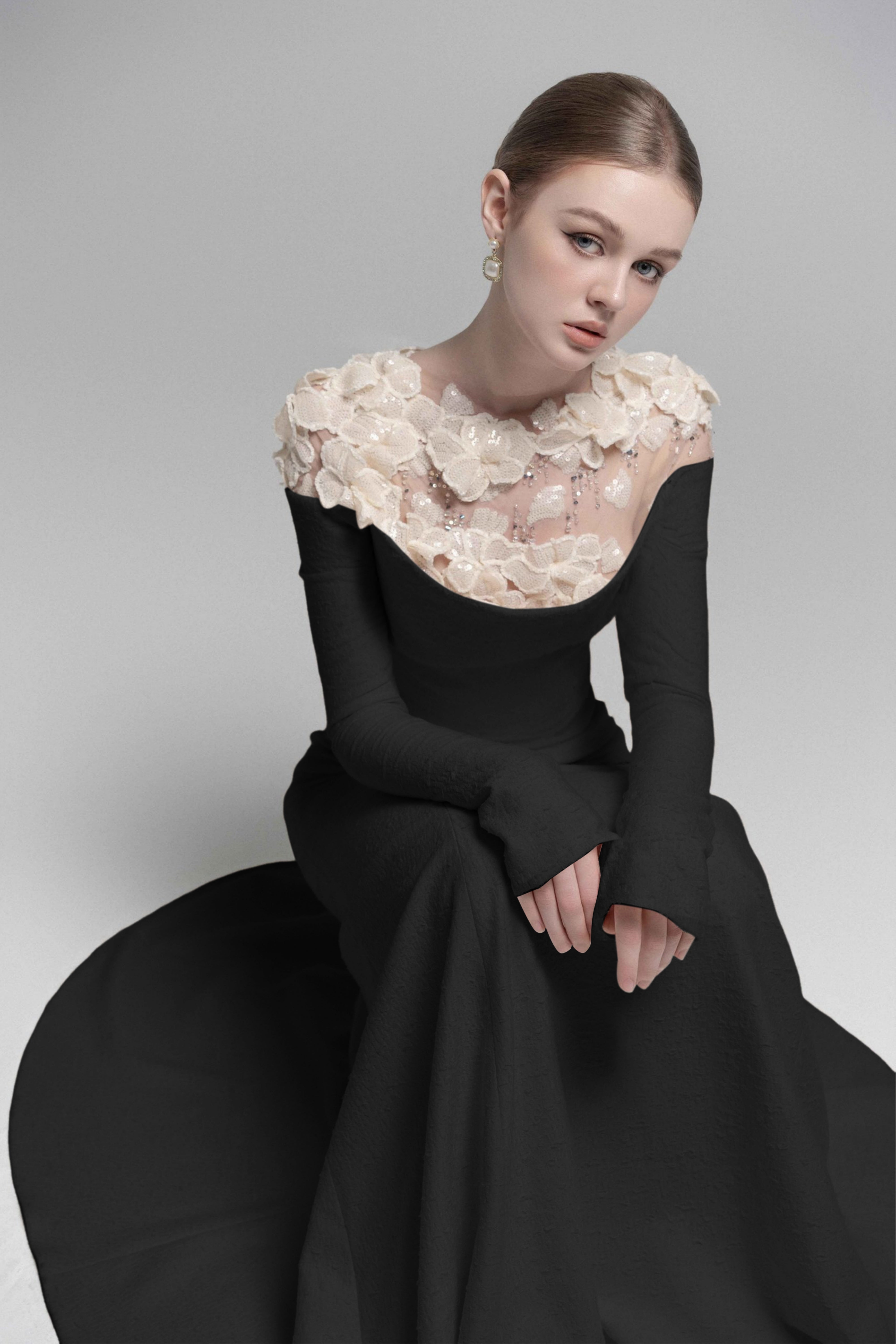 Silvia Black Floral Appliqué Off-Shoulder Gown