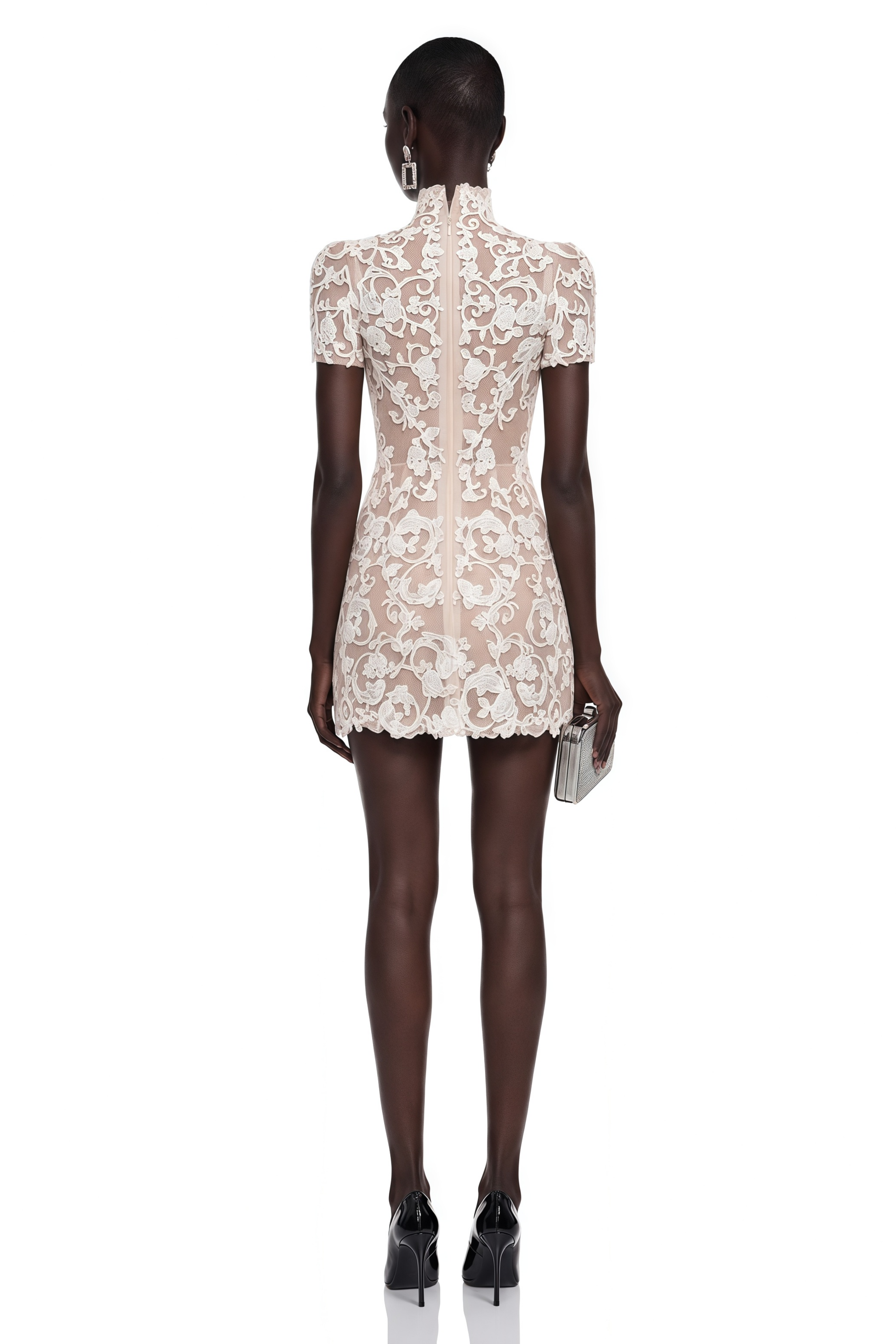 Simona Nude Lace Mini Dress with Bow Detail