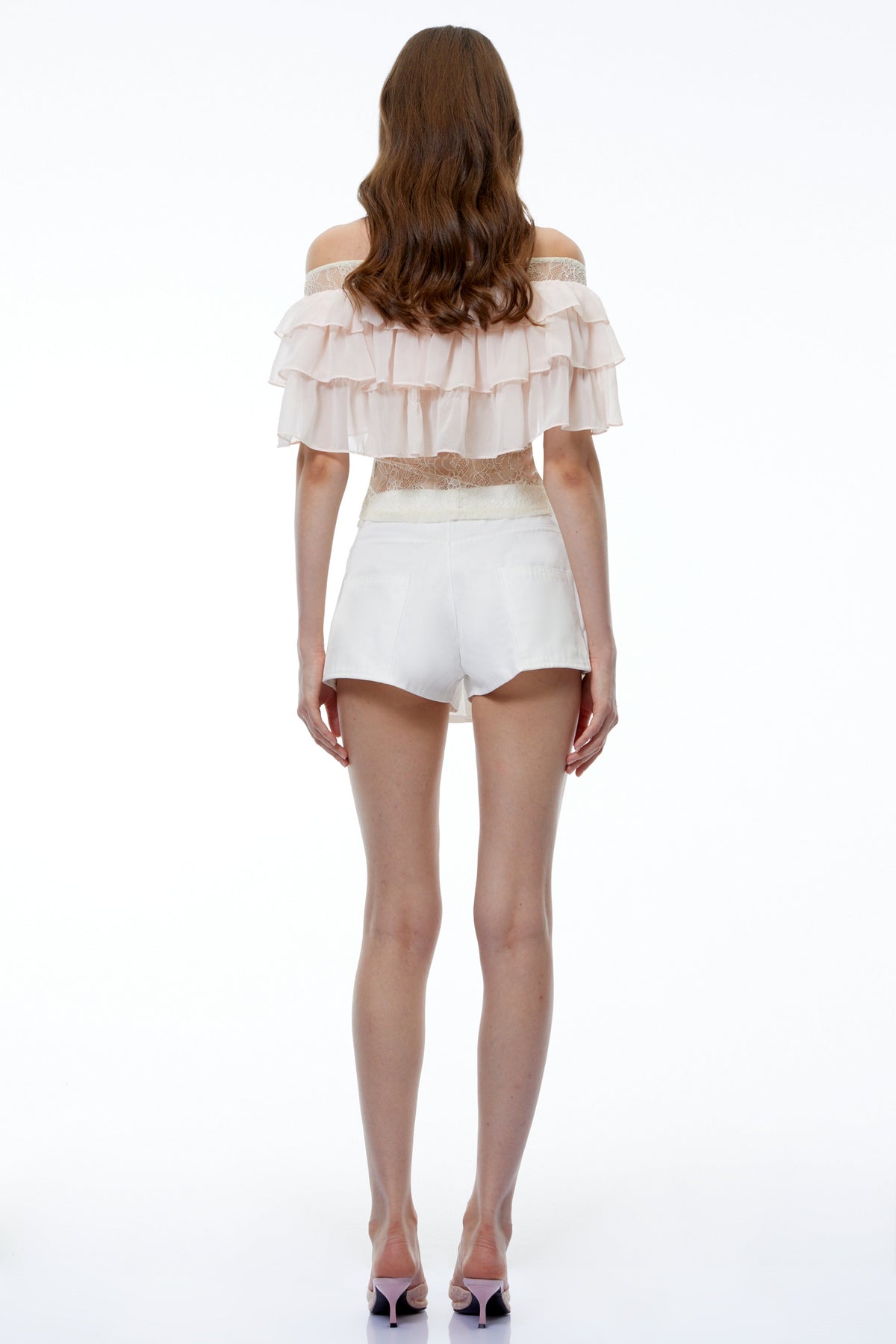 Sina Cream Lace Ruffled Top with Cut-Outs