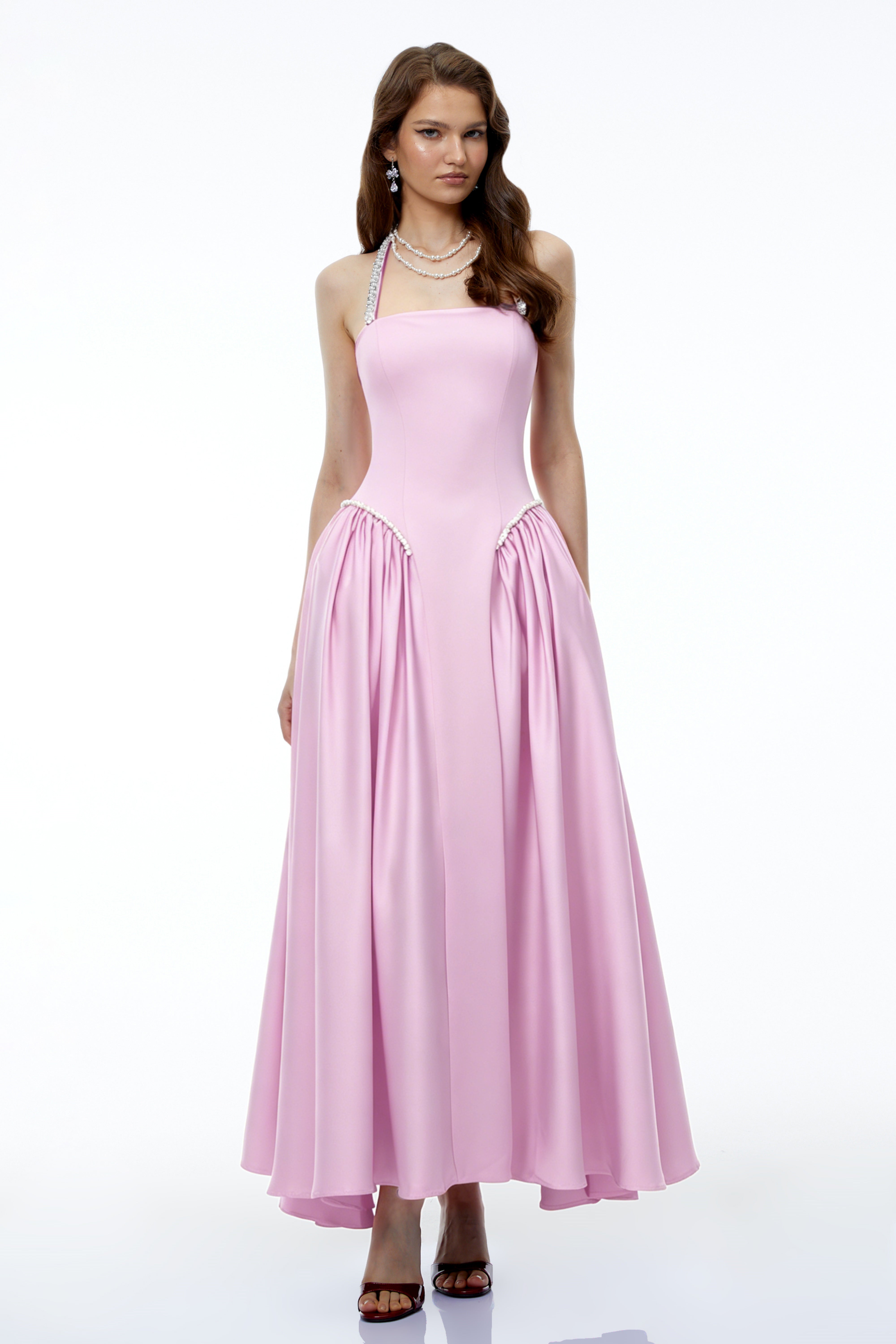 Siobhan Pink Halterneck Maxi Dress with Pearl Trim