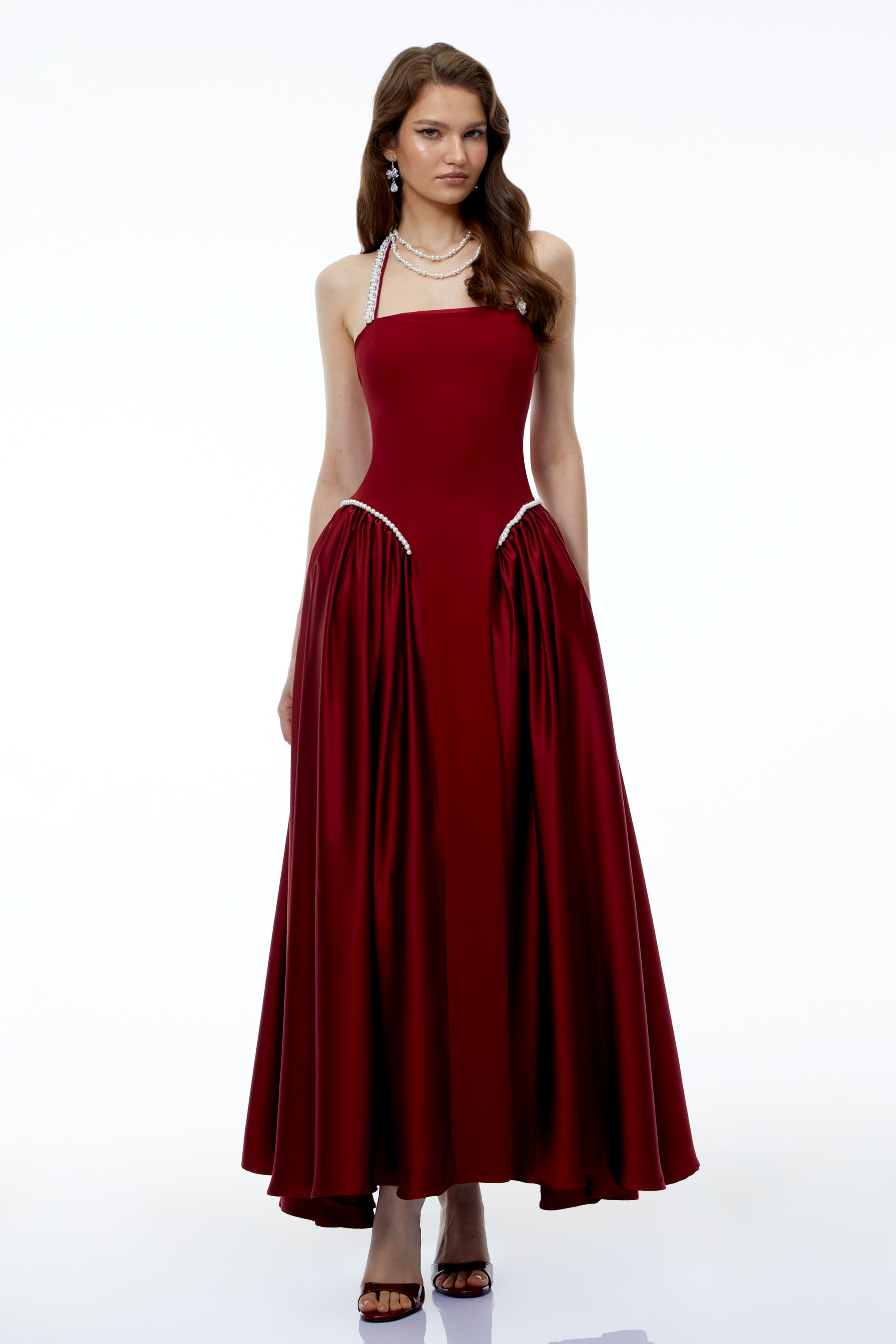 Siobhan Red Halterneck Maxi Dress with Pearl Trim