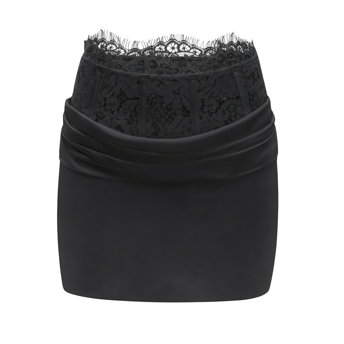 siosi black ruched top & skirt set with lace trim