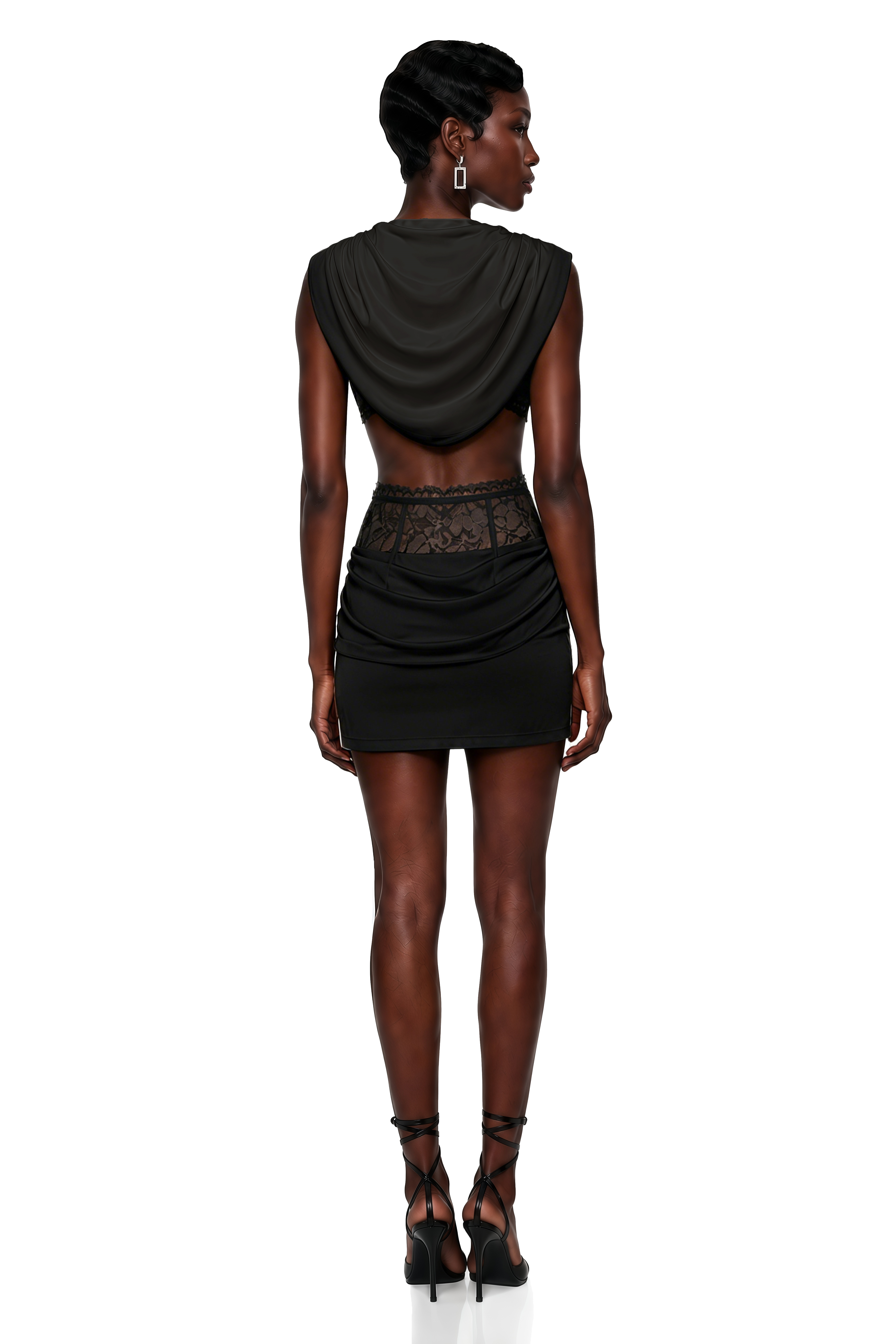 Siosi Black Ruched Top & Skirt Set with Lace Trim