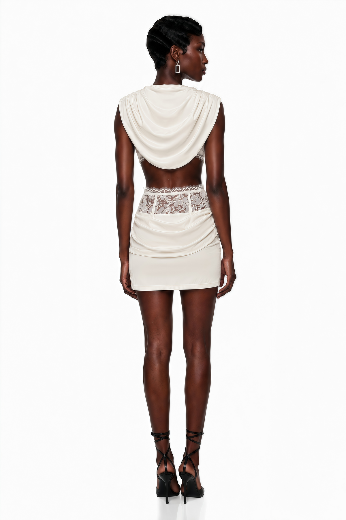 Siosi White Ruched Top & Skirt Set with Lace Trim