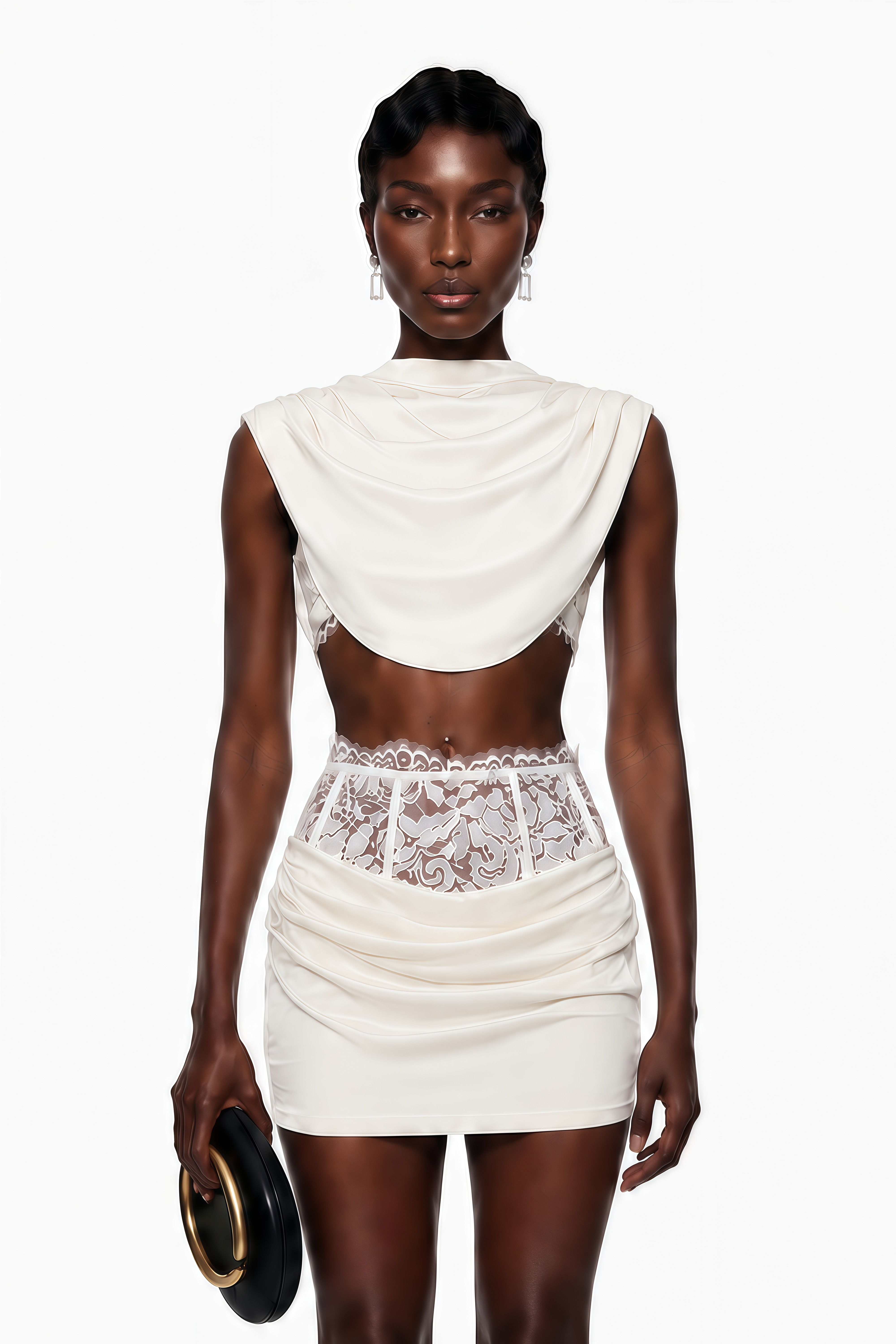 Siosi White Ruched Top & Skirt Set with Lace Trim