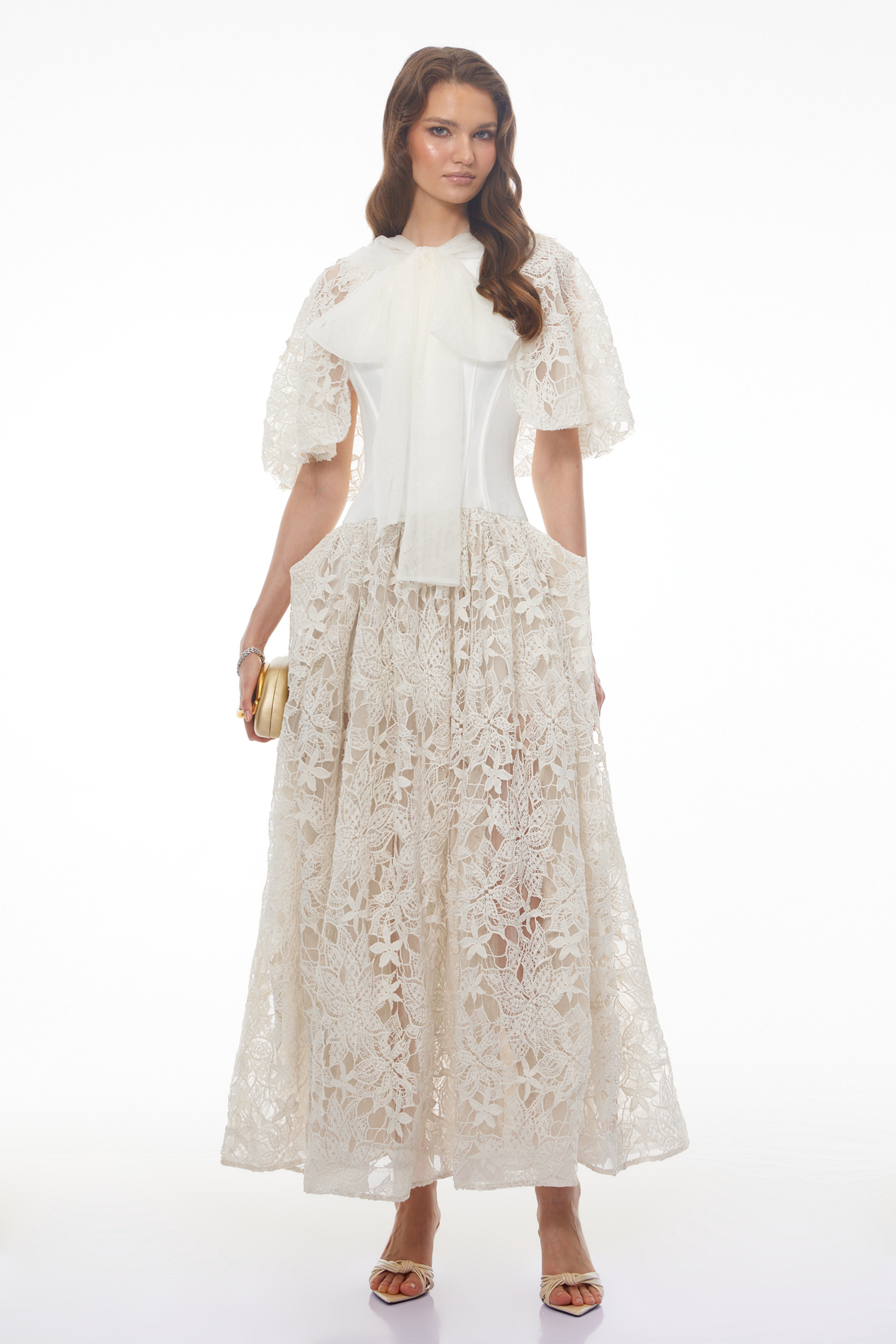 Sissel White Floral Lace Maxi Dress with Self-Tie