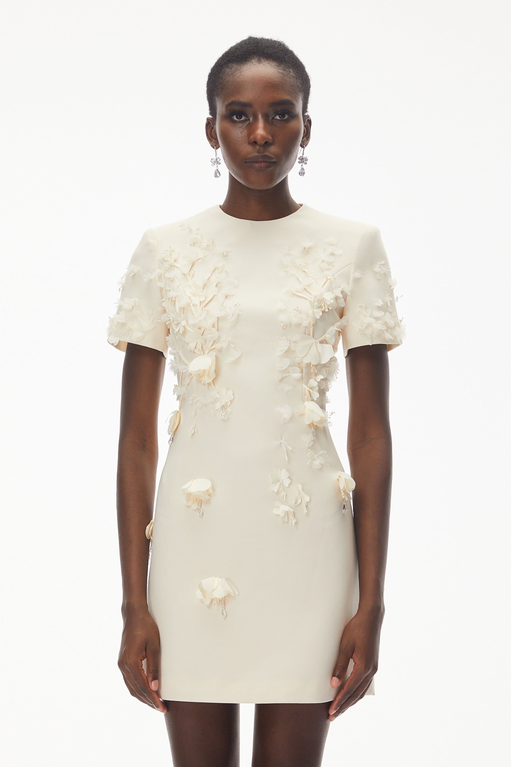 Skye Ivory Round Neck Mini Dress with Floral Applique (Final Sale)