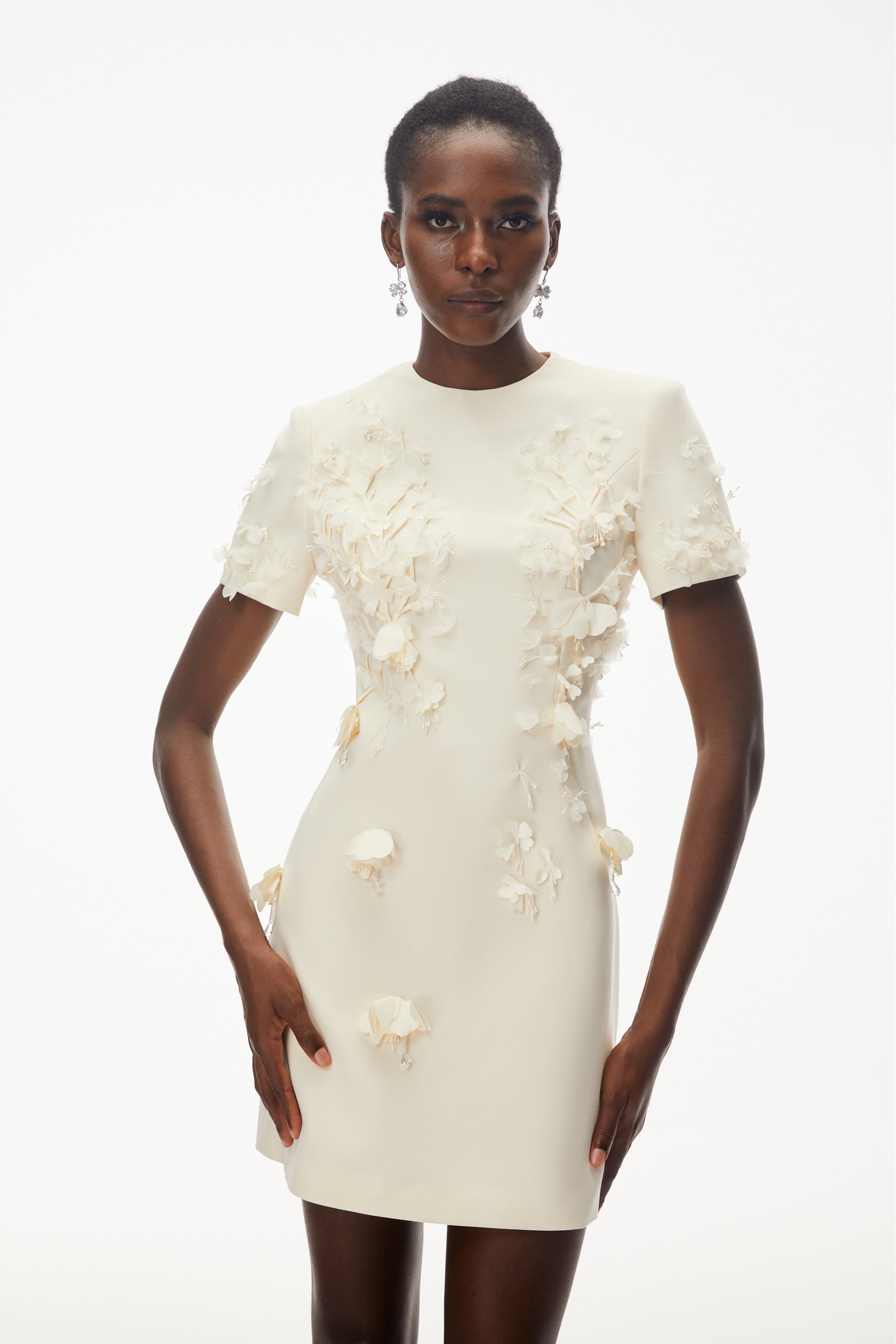 Skye Ivory Round Neck Mini Dress with Floral Applique (Final Sale)
