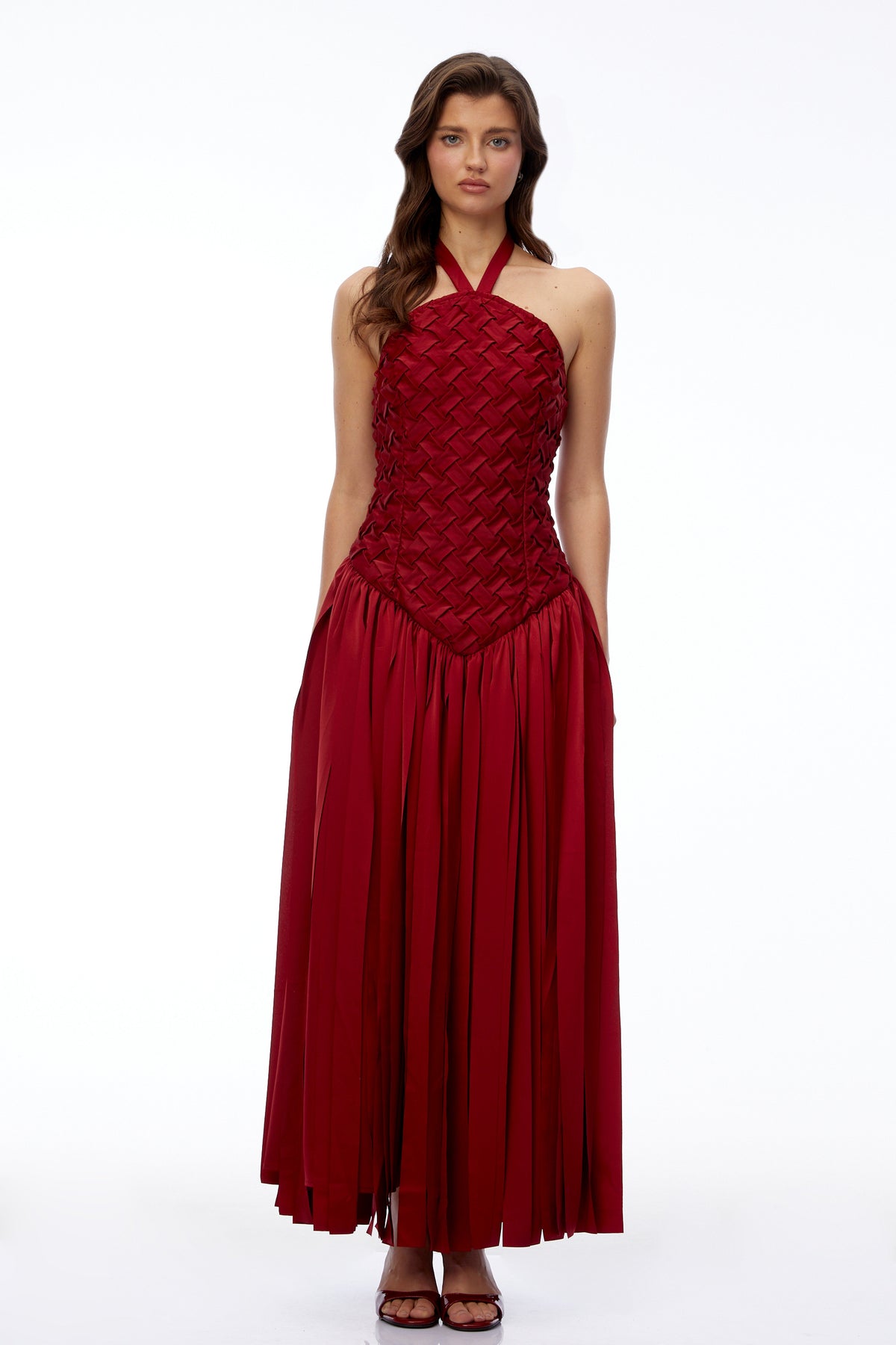 Sloane Red Halterneck Pleated Maxi Dress with Lace-Up Detail