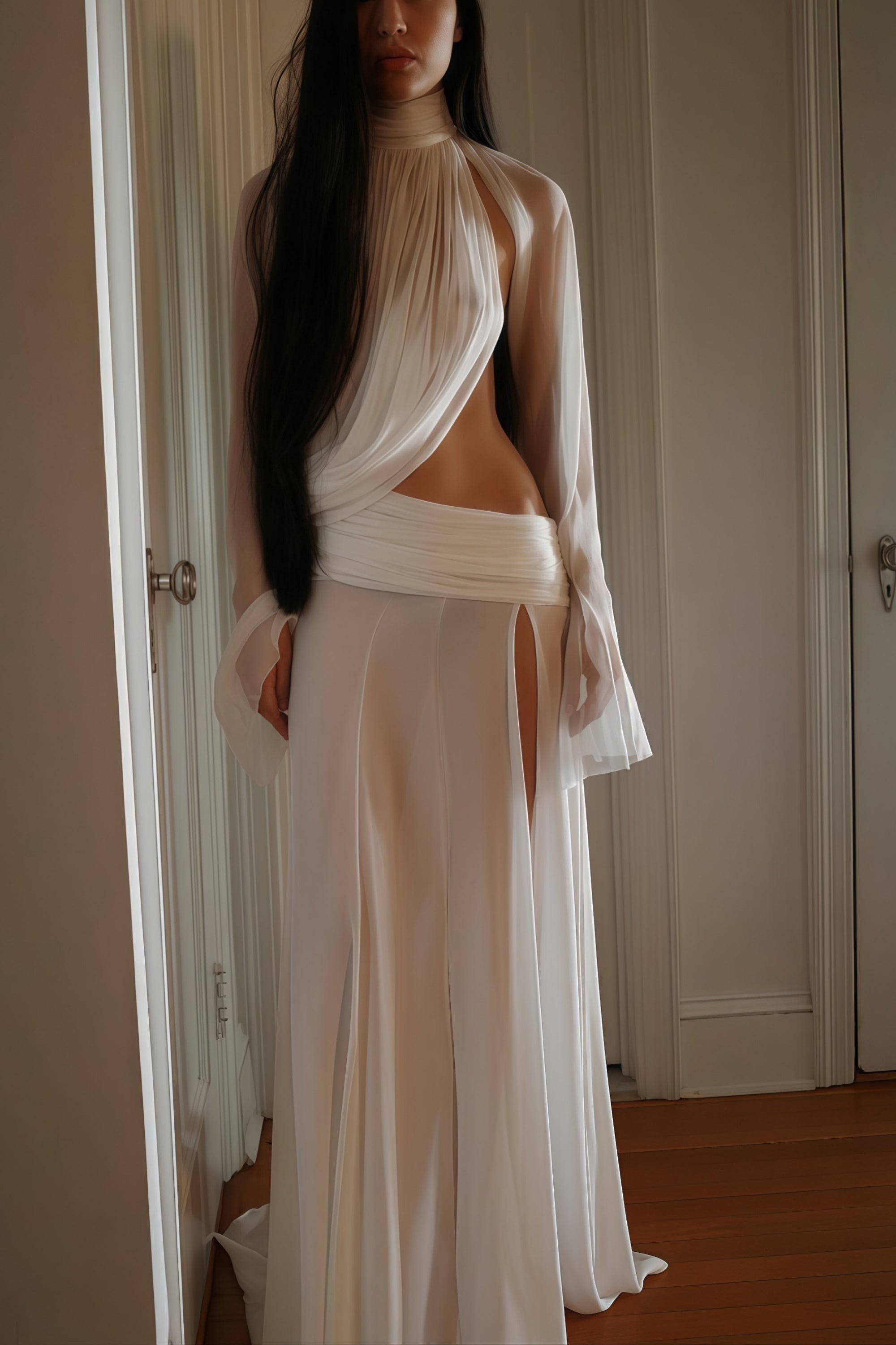 Giuseppina White High Neck Cut-Out Top & Skirt Set