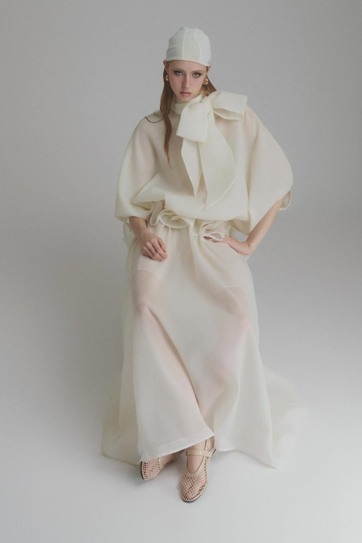 Honorine white tie-neck ruffled maxi dress
