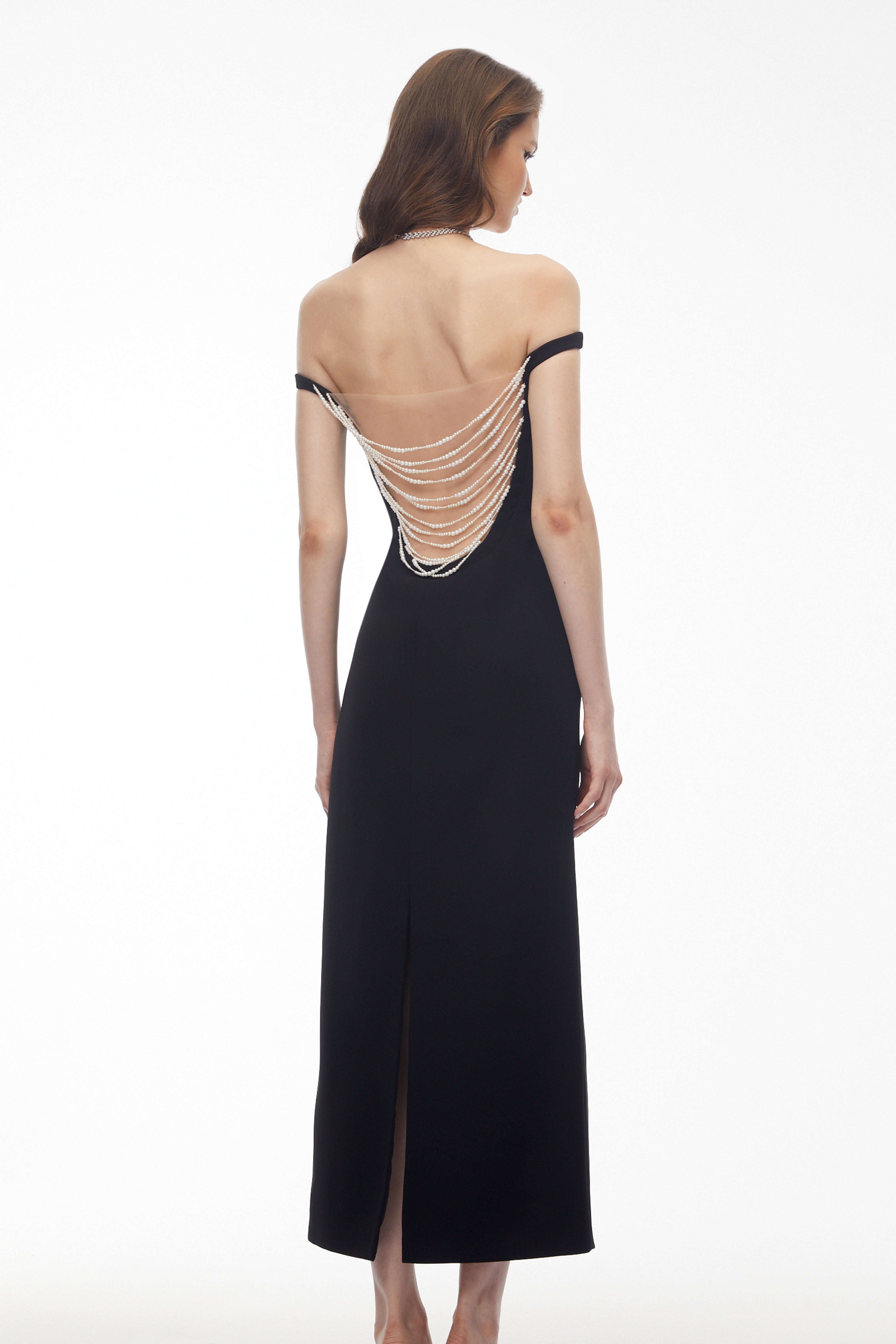 Sofia Black Off Shoulder Backless Maxi Dress with Pearl Chain (Final Sale)