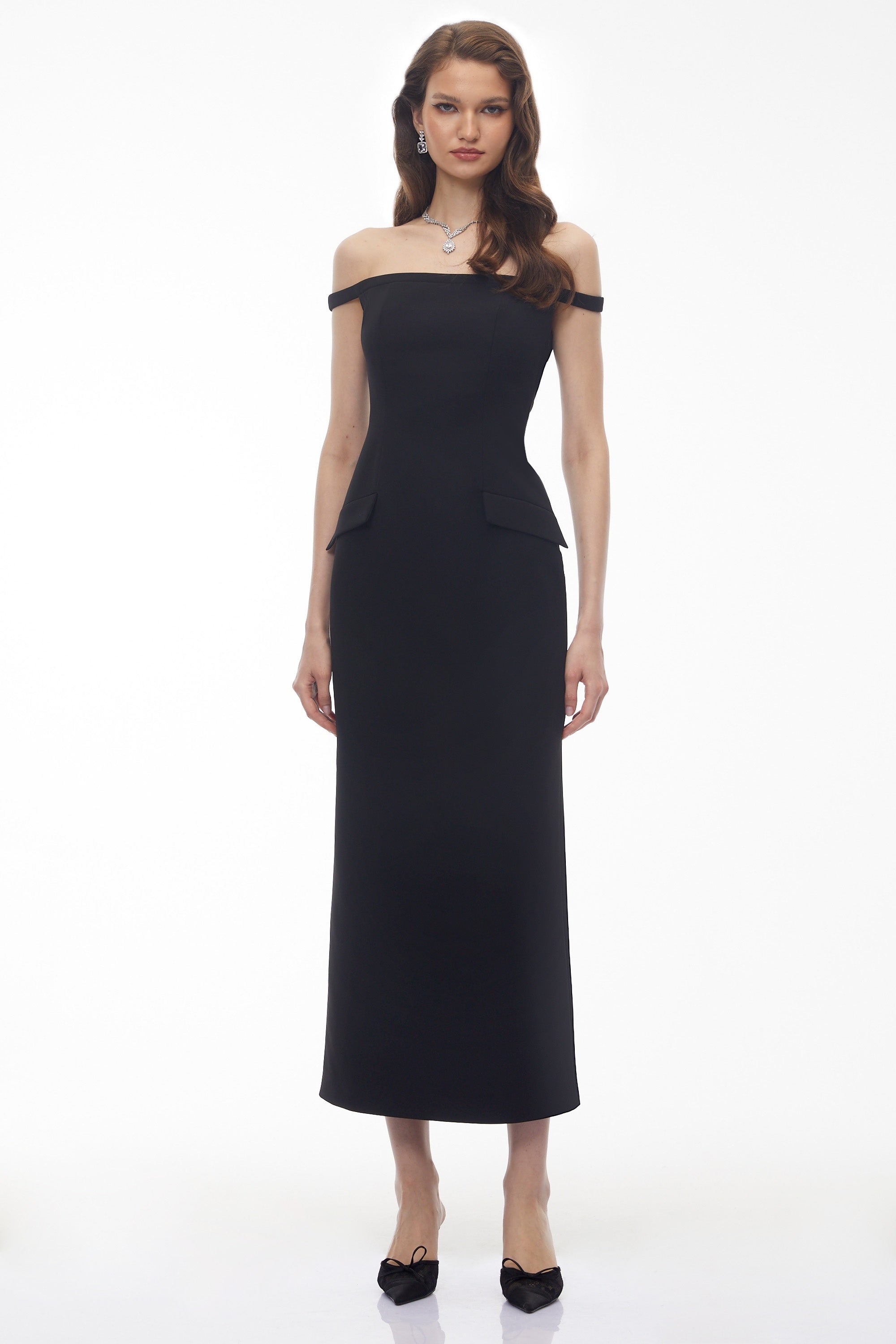 Sofia Black Off Shoulder Backless Maxi Dress with Pearl Chain (Final Sale)