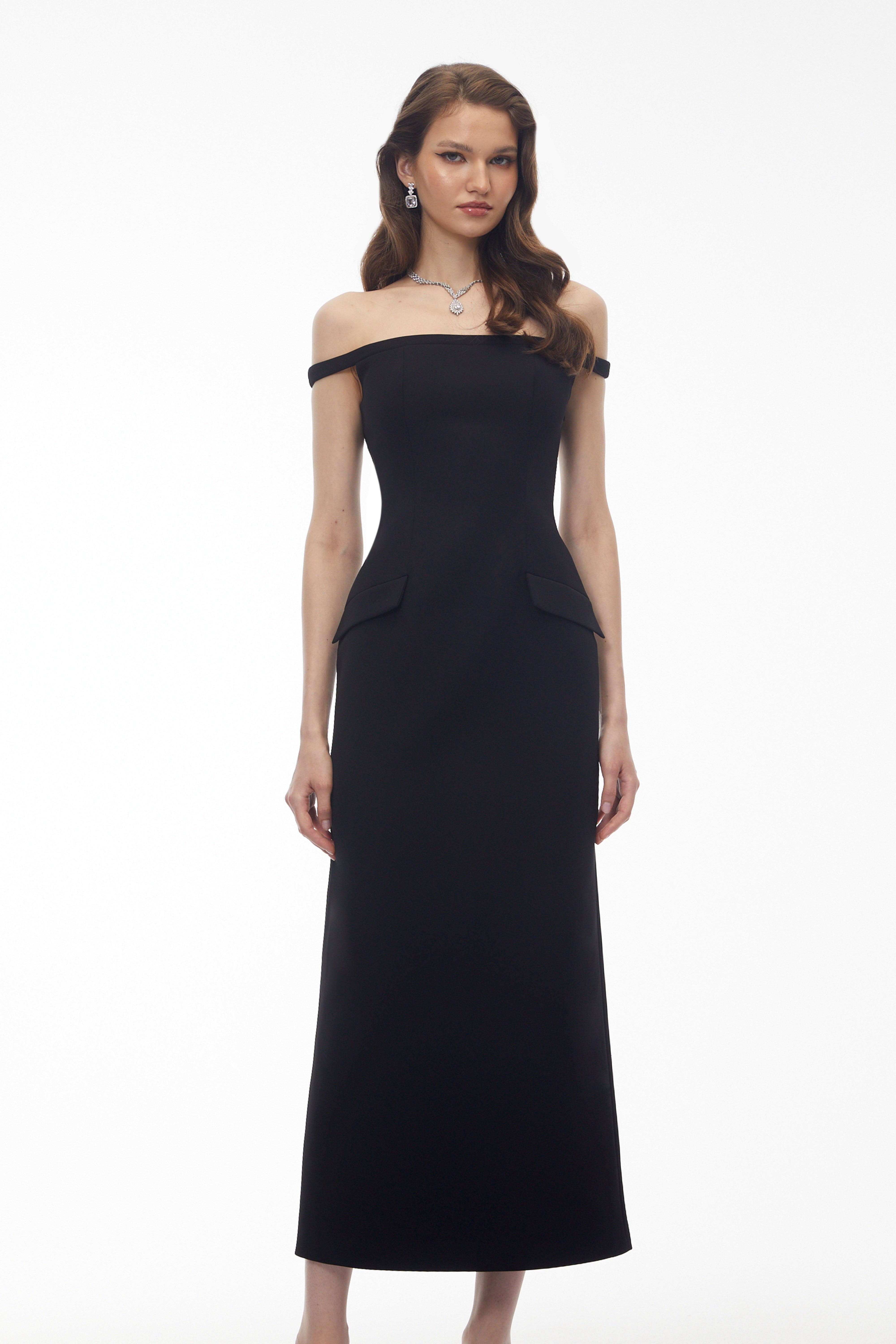 Sofia Black Off Shoulder Backless Maxi Dress with Pearl Chain (Final Sale)