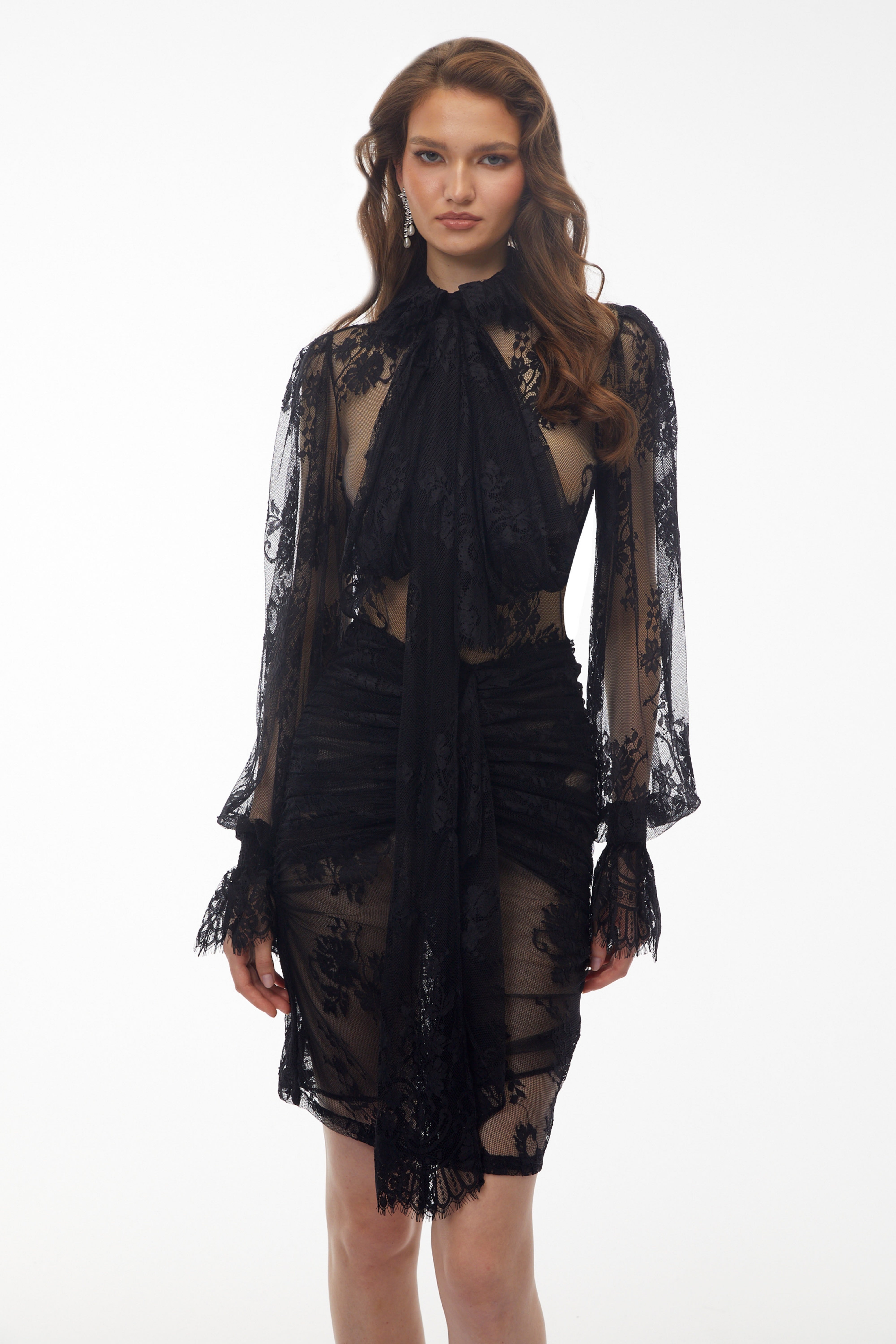 Sofia Black Semi-Sheer Floral Lace Blouse & Skirt Set