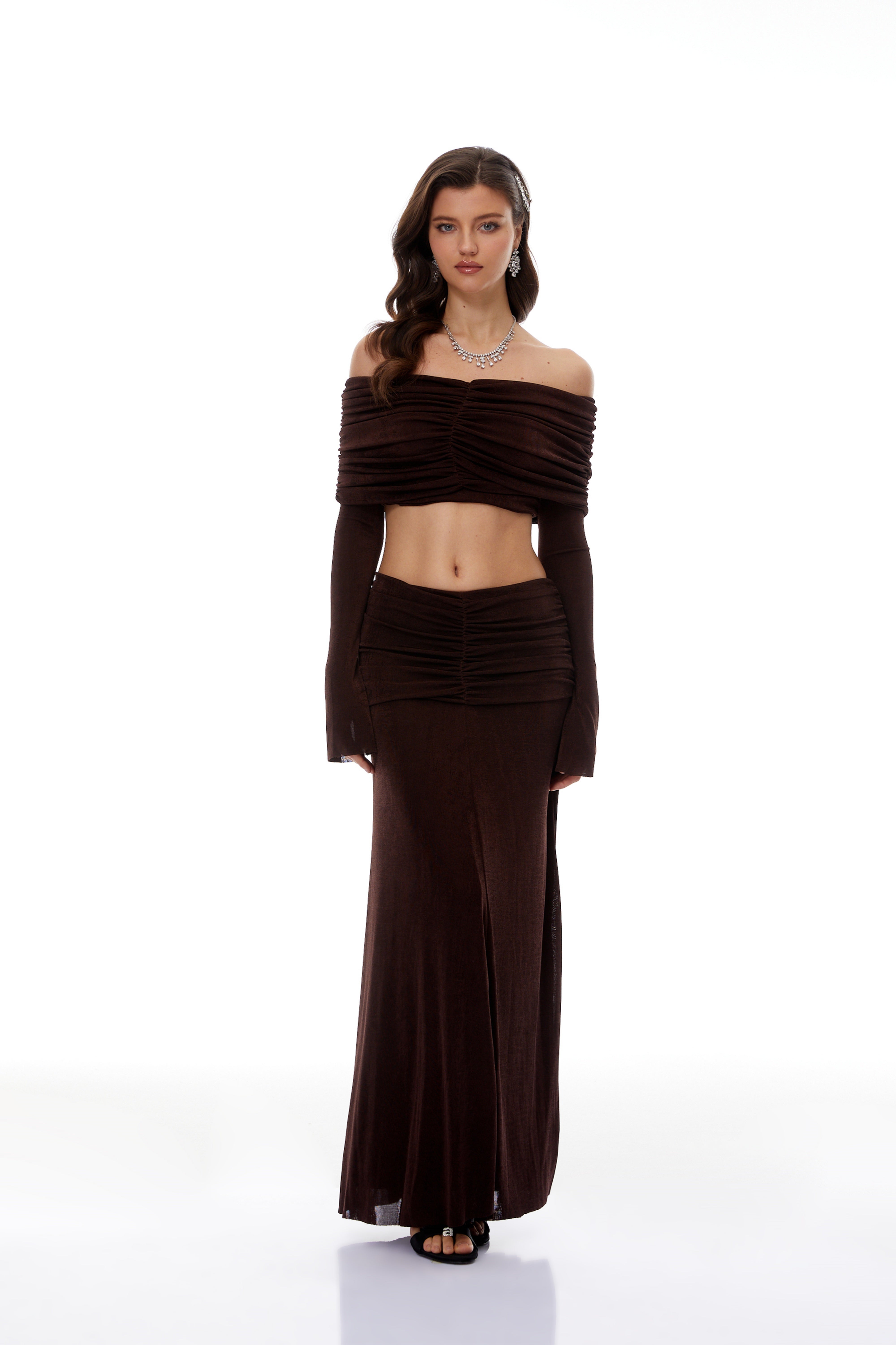 Solene Brown Off-Shoulder Top & Ruched Skirt Set (Final Sale)