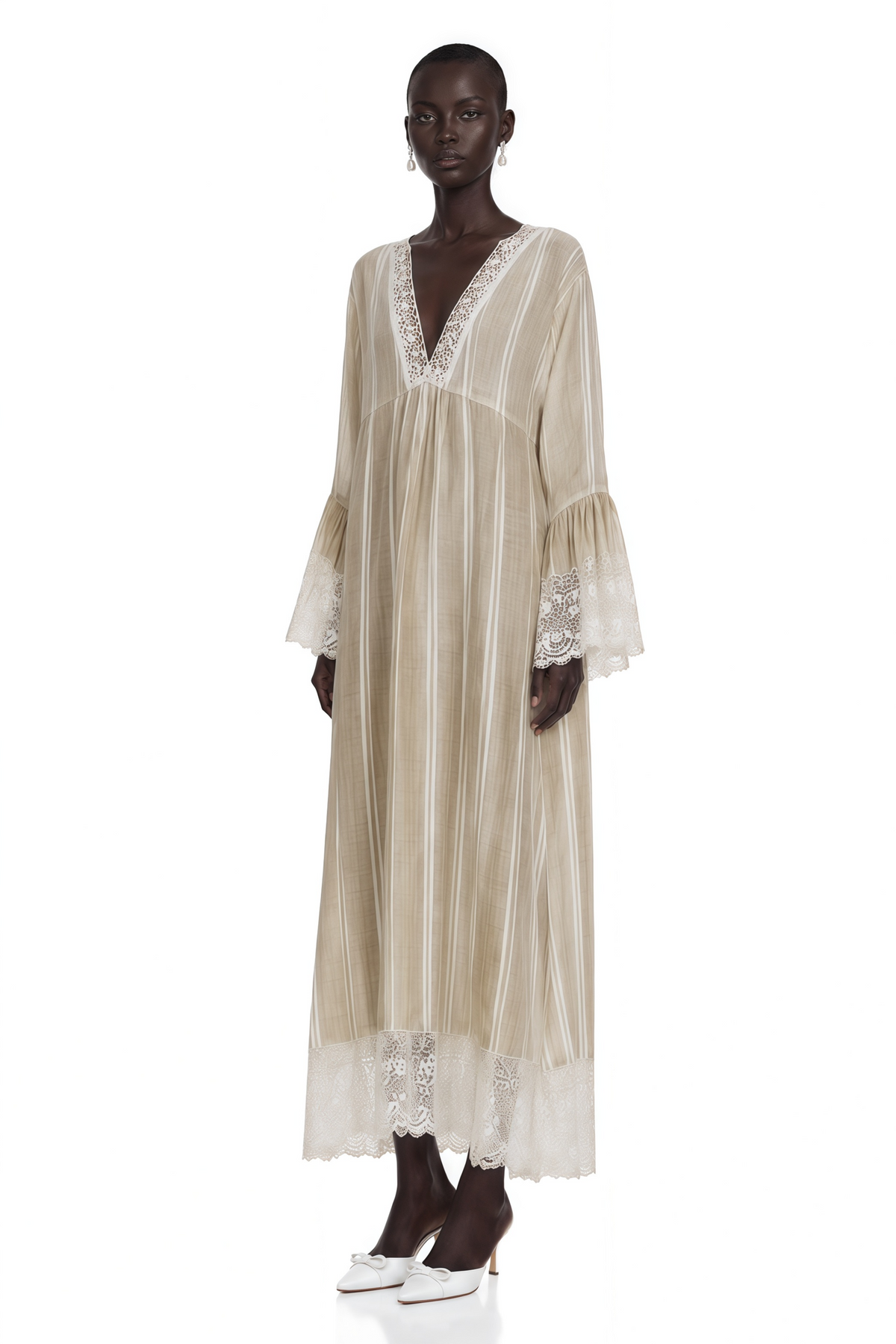 Solene Beige Striped Maxi Dress with Lace Trim