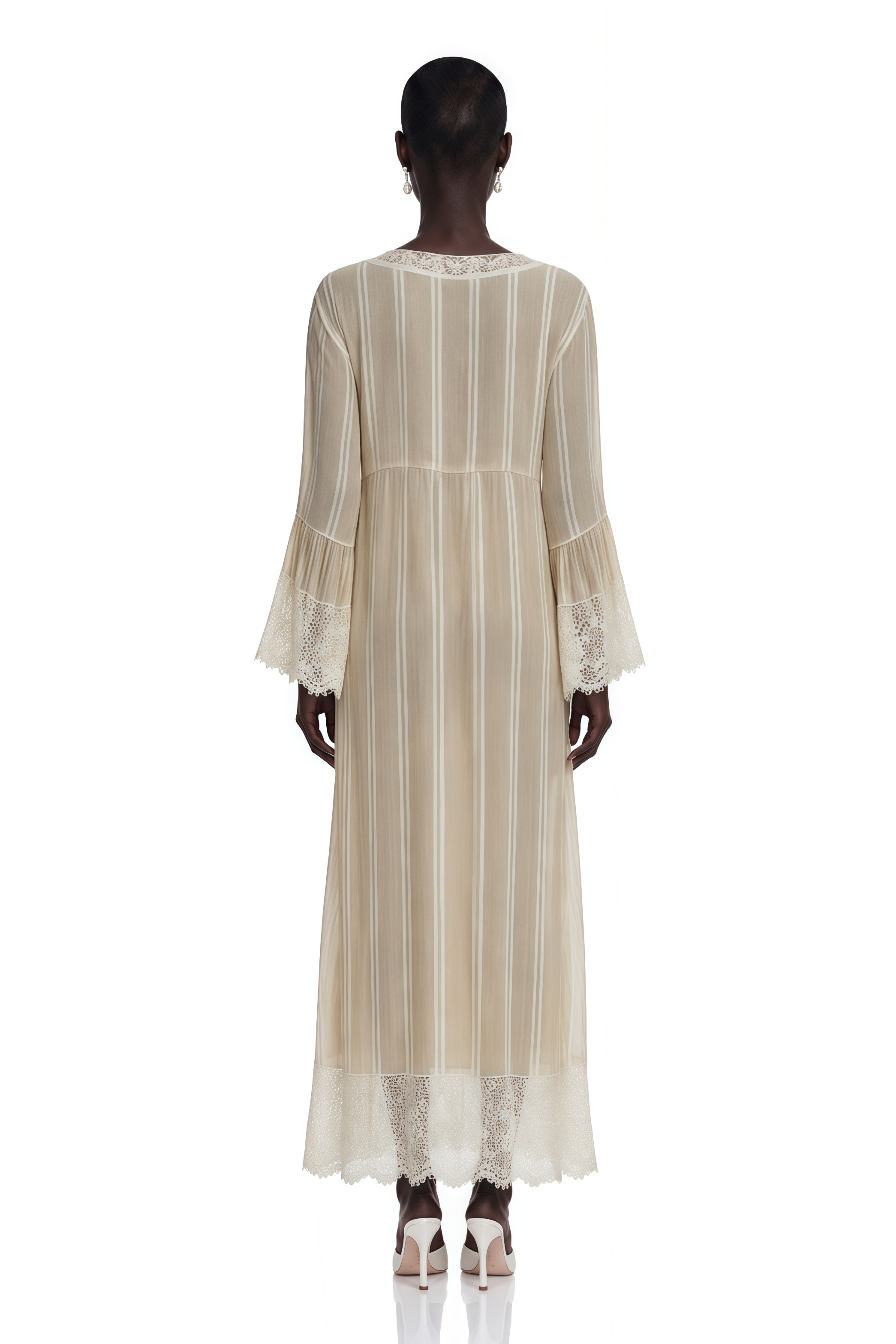 Solene Beige Striped Maxi Dress with Lace Trim
