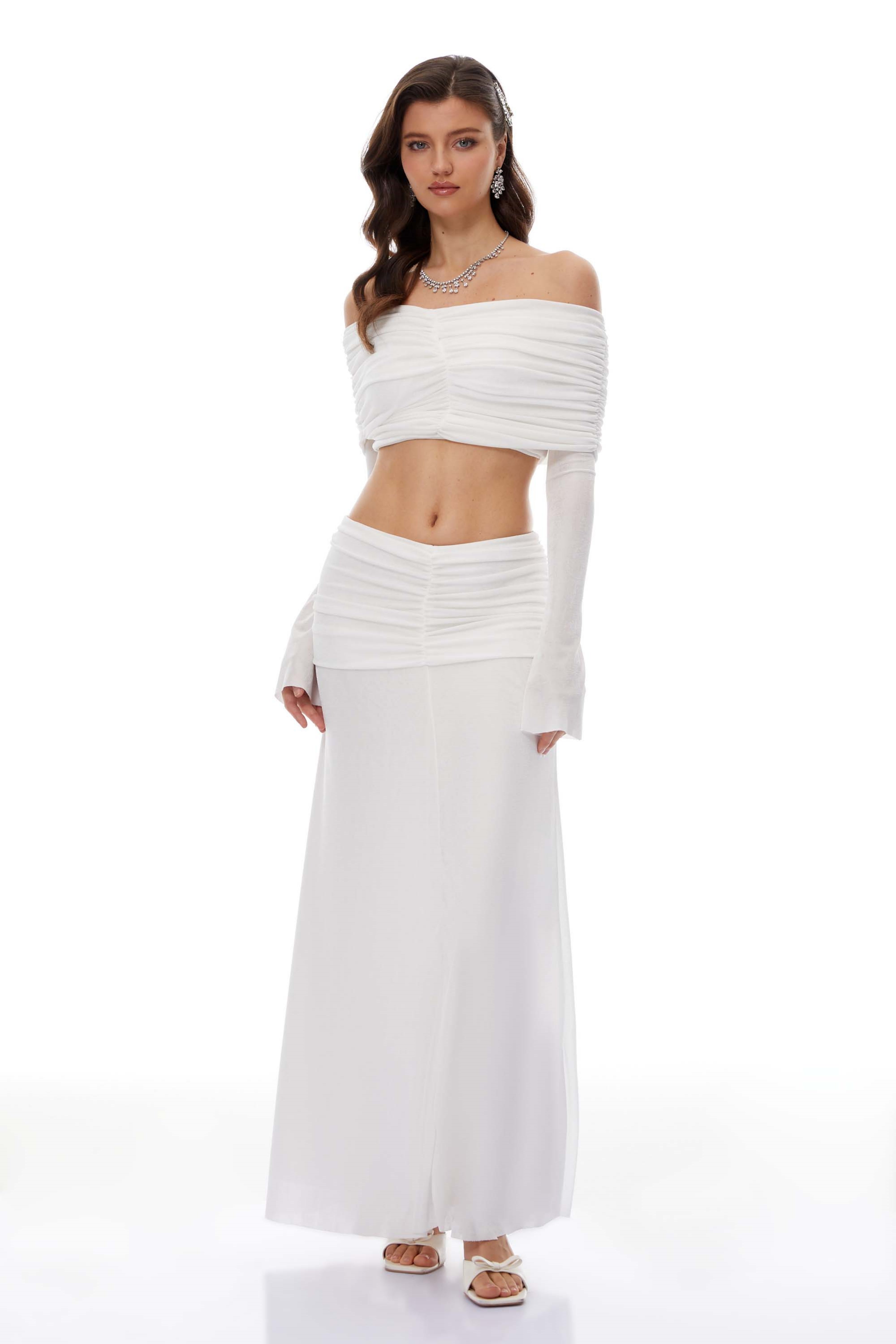 Solene White Off-Shoulder Top & Ruched Skirt Set