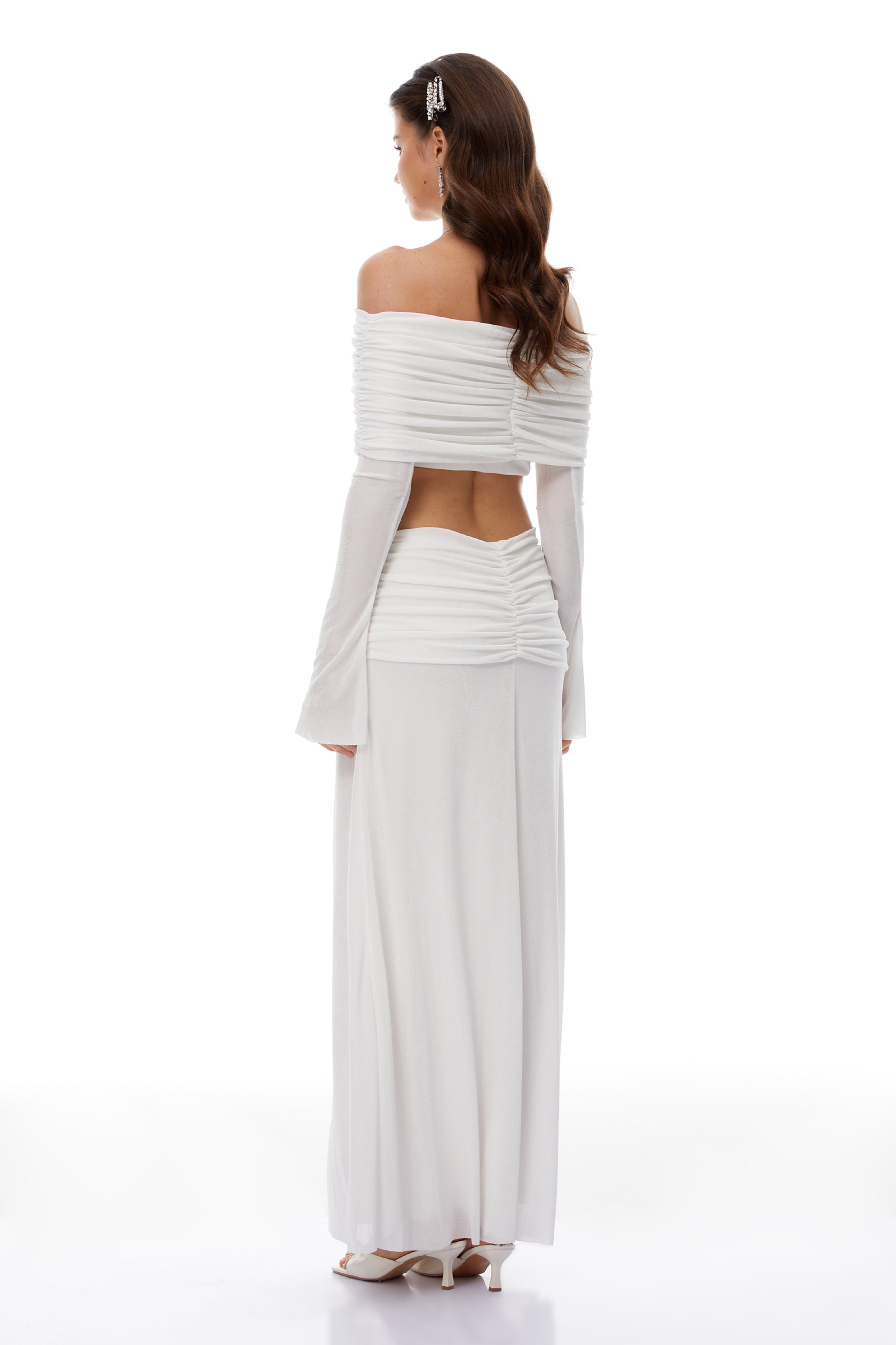 Solene White Off-Shoulder Top & Ruched Skirt Set