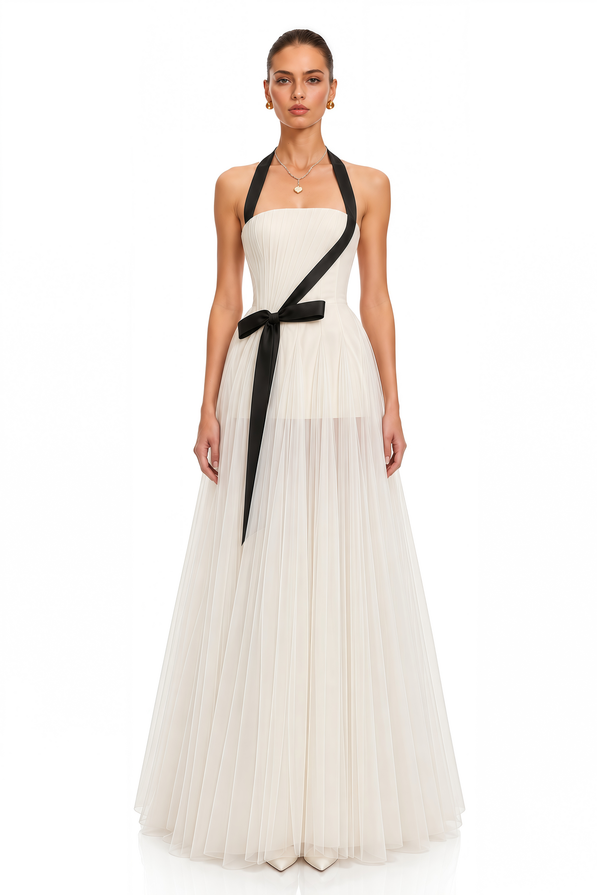 solenne ivory color block bow pleated maxi dress