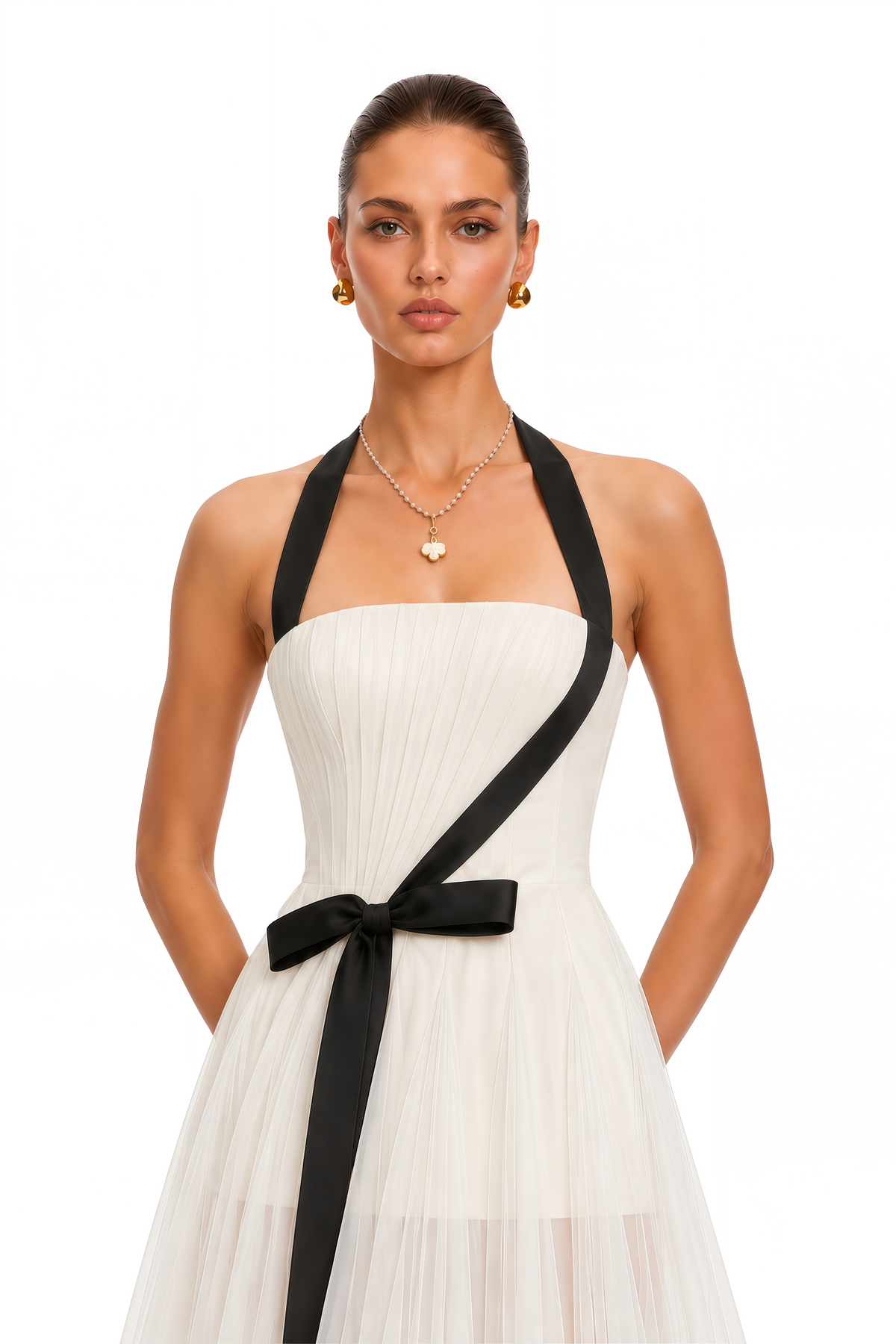 solenne ivory color block bow pleated maxi dress