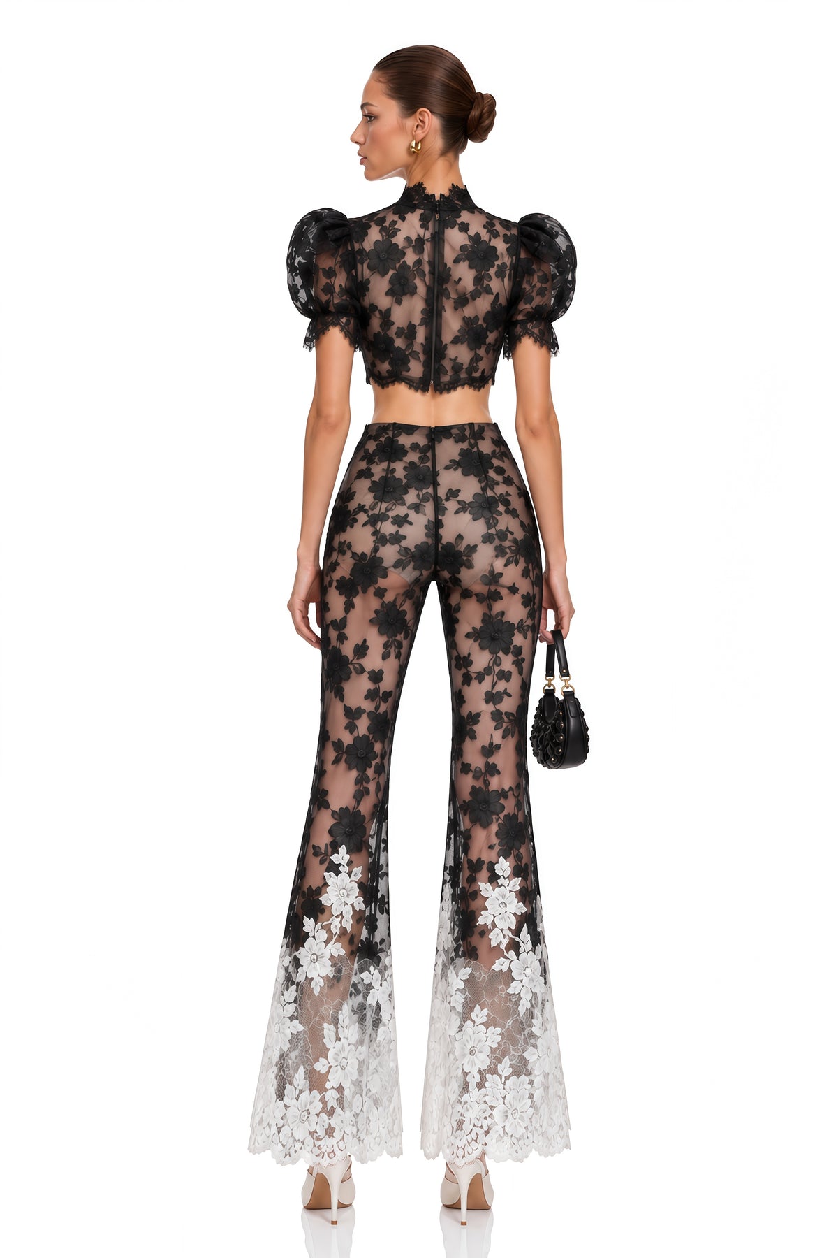 solina black lace crop top & flared trousers set