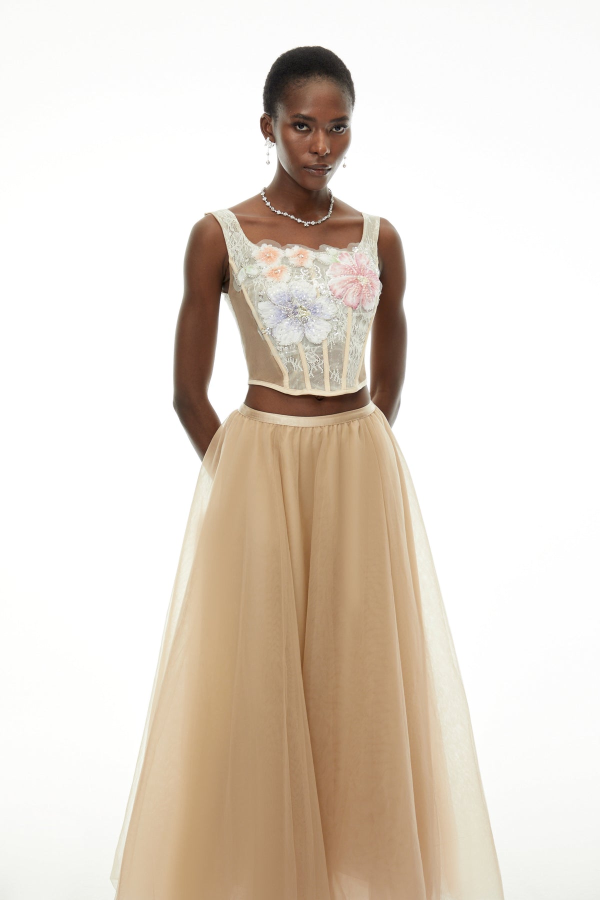 Solveig Champagne 3D Floral Applique Top & Skirt Set