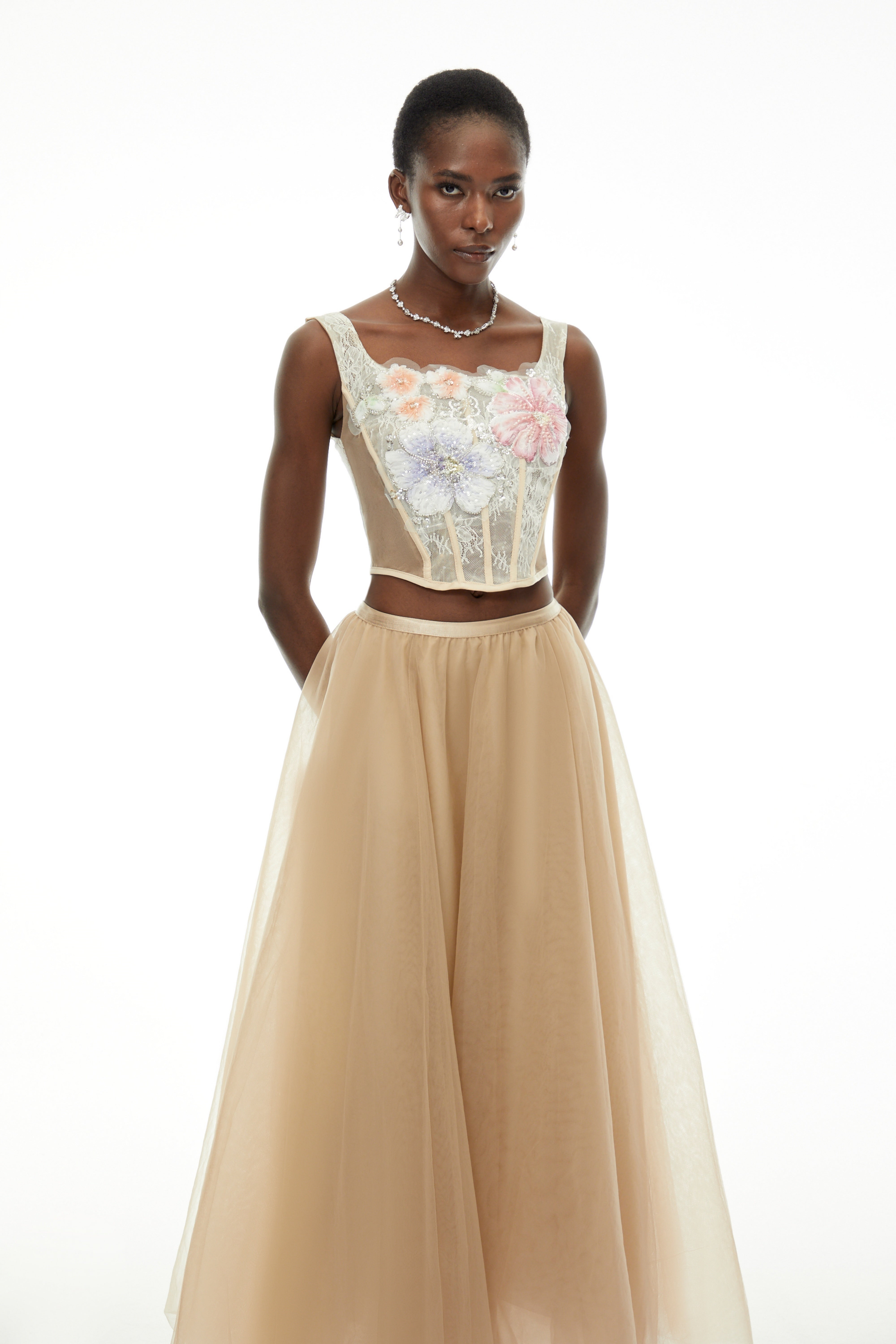 Solveig Champagne 3D Floral Applique Top & Skirt Set (Final Sale)