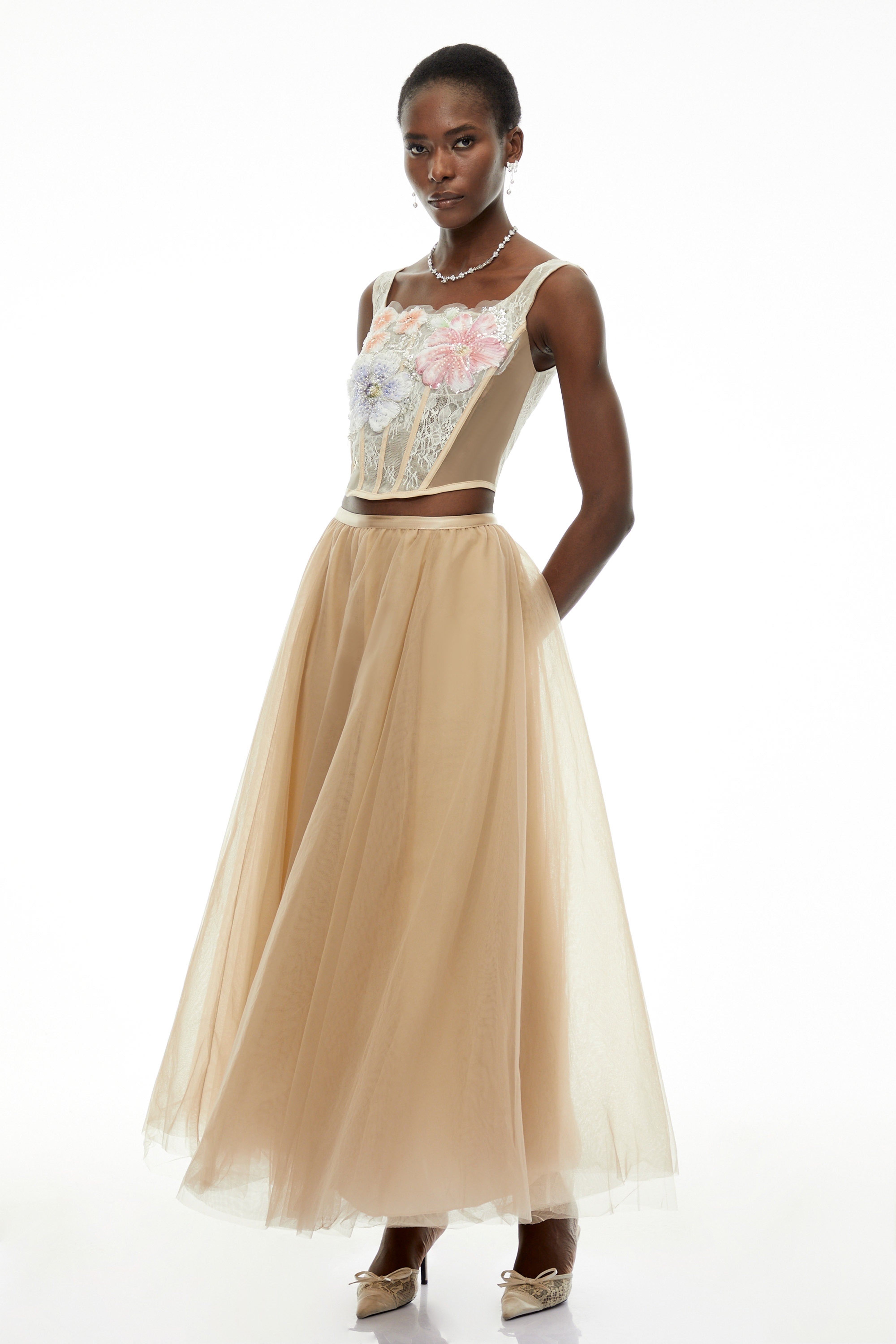 Solveig Champagne 3D Floral Applique Top & Skirt Set (Final Sale)